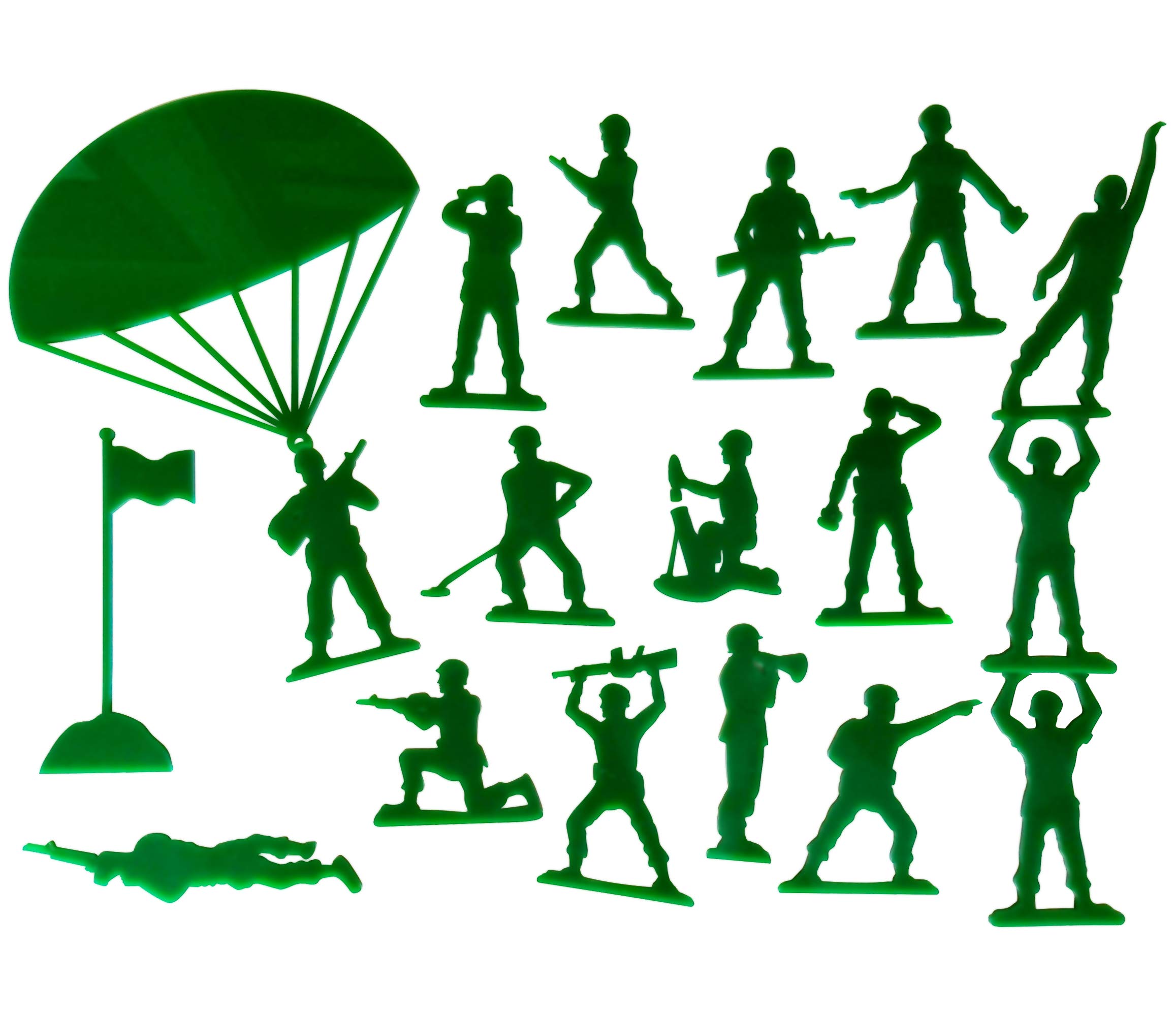 Juego de 18 decoraciones de pared de acrílico verde militar para una habitación de juguetes para niños o habitación de Andy