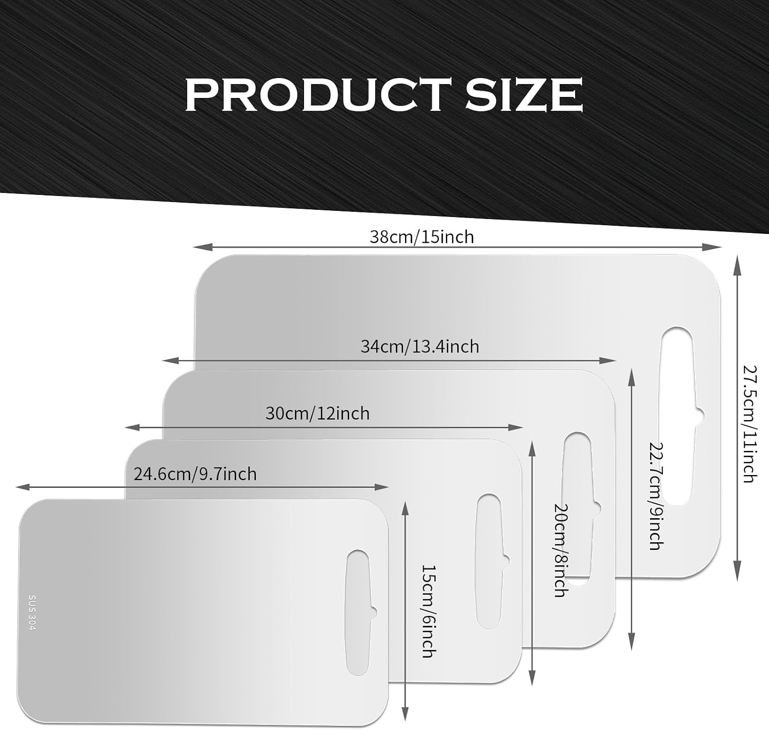 4 Pcs Stainless Steel Cutting Board 304 Stainless Steel Double Sided Metal Cutting Board with 4 Cleaning cloth for Kitchen Meat Fruit Vegetable for Dishwasher (9.7"x6",12"x8",13.4"x9",15"x11")