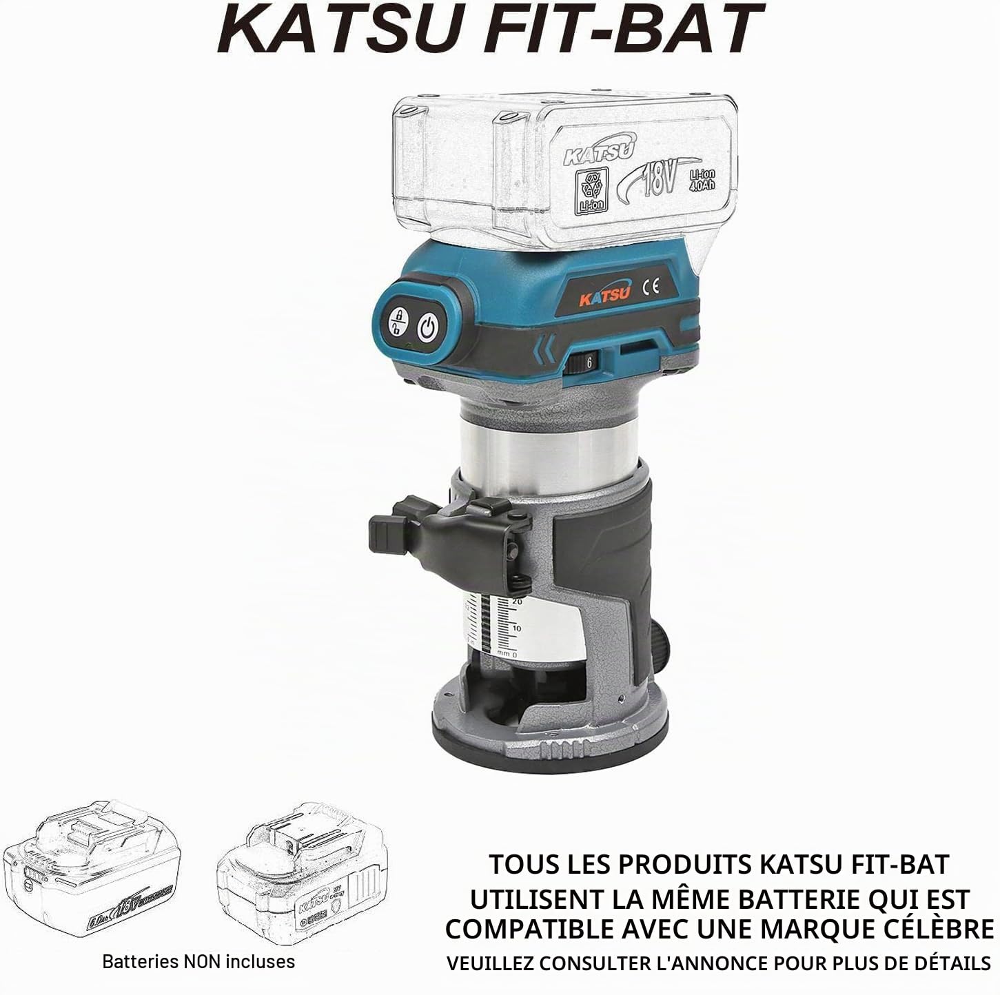 KATSU FIT-BAT 21V Brushless Défonceuse sans Fil Affleureuse à Bois Plastifieuse Routeur Menuisiers Outil avec 3 Pinces à Mandrin 1/4 ", 6mm et 8mm, sans Batterie 102750