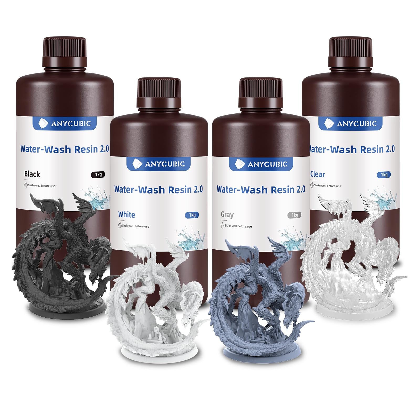 ANYCUBIC Resina Lavabile in Acqua 2.0, Alta Resilienza, Anti-Ingiallimento, Basso Odore per Tutte le Stampante 3D LCD Resina, Grigio+Nero+Bianco+Trasparente 4000g