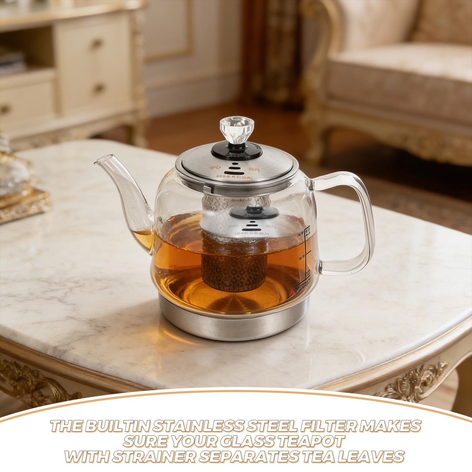 Théière en Verre 1, 4 L en Borosilicate avec Filtre Inox Intégré