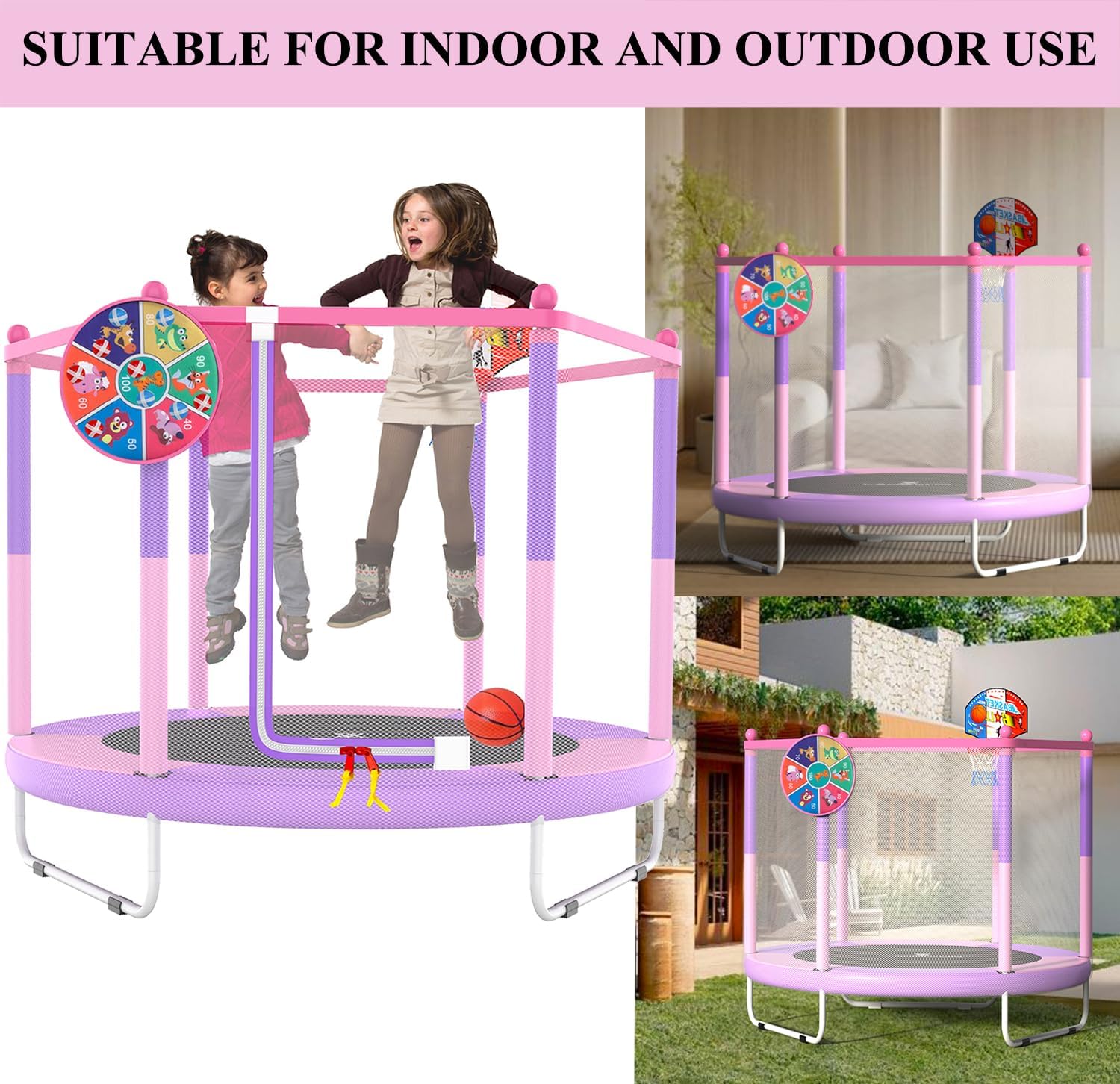 PILIN Trampolino con cestino da basket, 150 cm, per interni ed esterni, rete di sicurezza rialzata, giocattolo per ragazzi e ragazze, regalo di compleanno e Natale