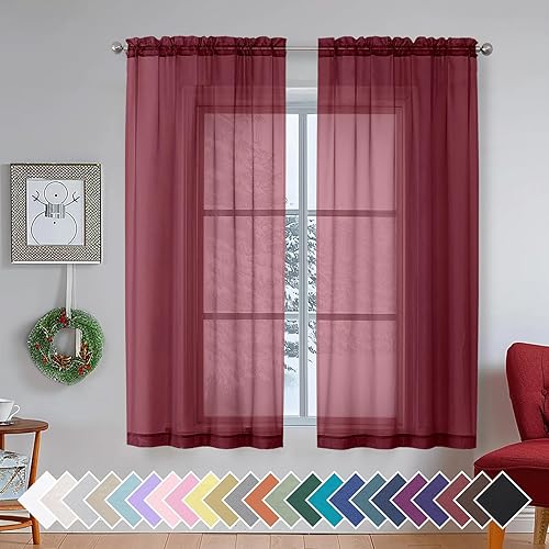 Aiyufeng Sheer Curtains Burgundy Red - Fabric Vertical Window Shades for Sliding Glass Door Balcony Terrace Sun Room Beach Pool House, 40 x 63 inches, 1 Pair