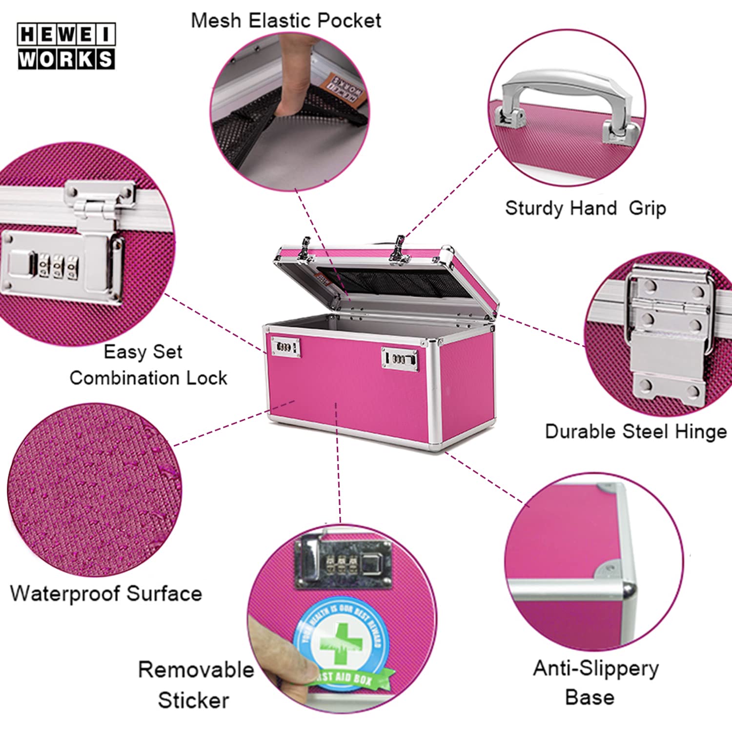 Caja bloqueable para medicamentos, 36,1 x 18,3 x 20,8 cm, adecuada para el almacenamiento de farmacia y objetos personales importantes, contiene un pastillero de plástico (ancho/rosa)