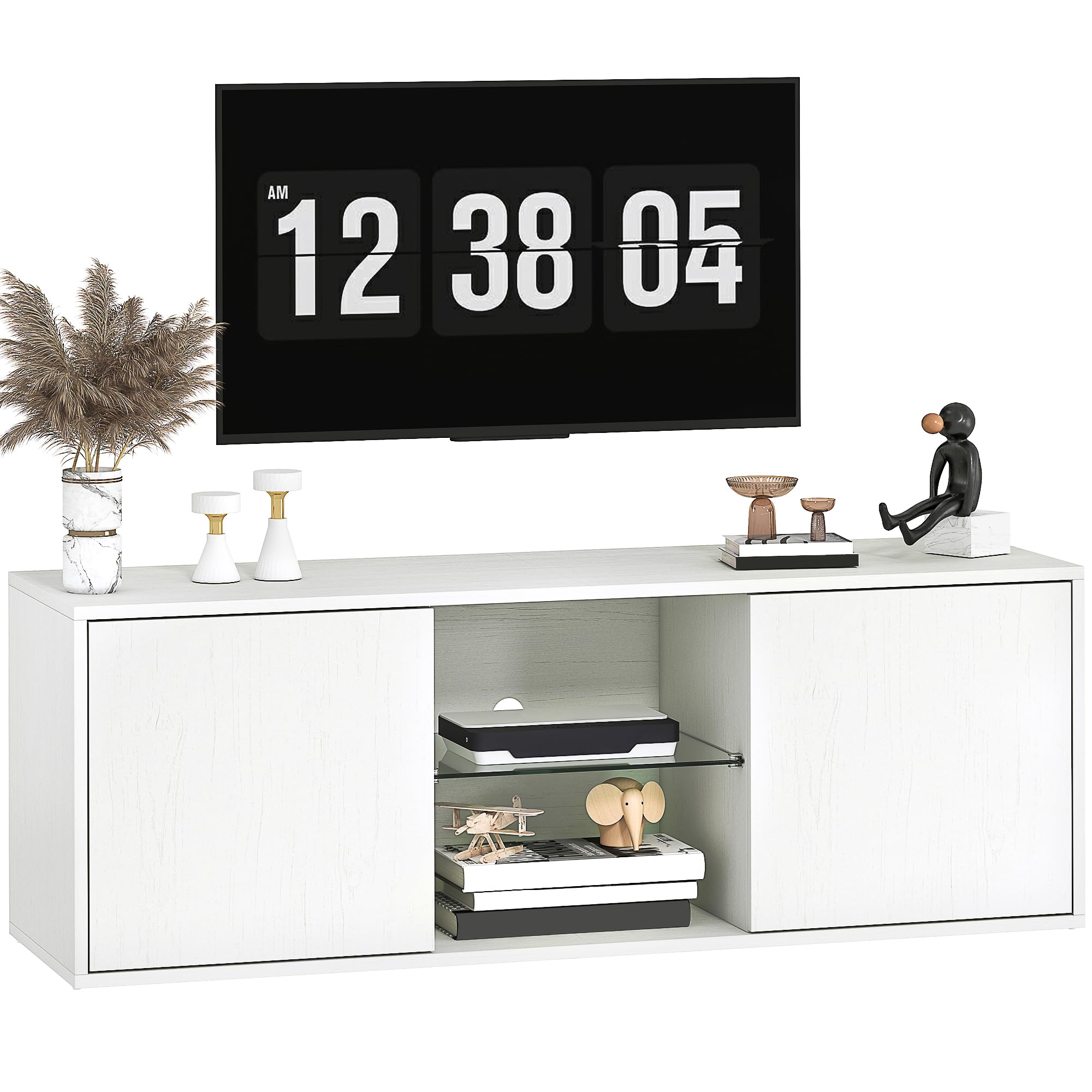 HOMCOM Mobile Porta TV fino a 55" 120 cm Soft Close Bianco Effetto Legno | Mobiletto TV Sospeso o a Terra, Foro Passacavi, Ripiano in Vetro, per Soggiorno e Salotto