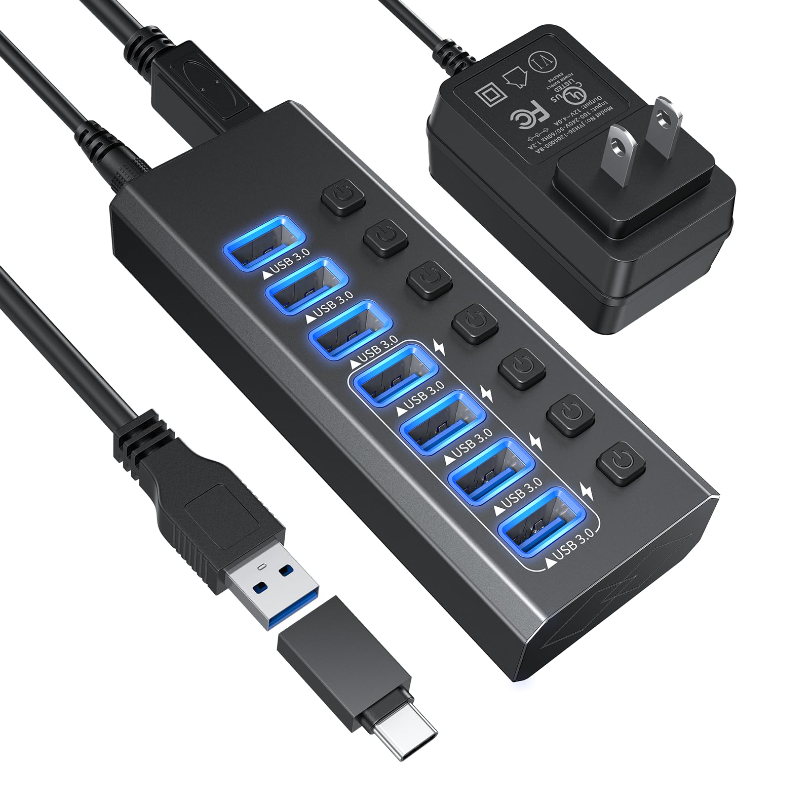 Hub USB 3.0 alimenté en aluminium, 7 ports USB SuperSpeed avec adaptateur d'alimentation 12 V/2 A et interrupteur marche/arrêt individuel pour Surface Pro, Windows, PC, ordinateur portable, ordinateur