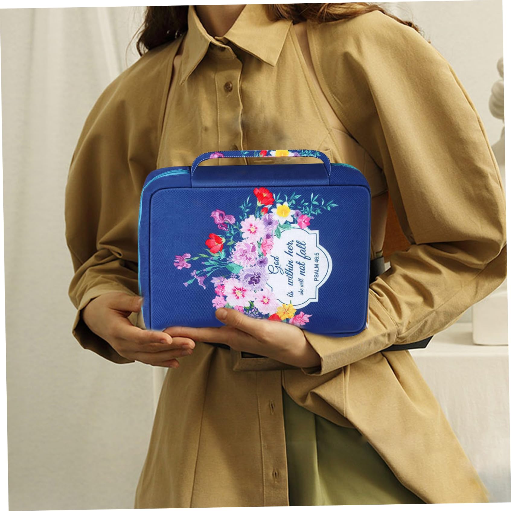 Custodia per Bibbia Donna 25,4 x 17,8 cm Oxford Tessuto Cerniera Floreale Blu