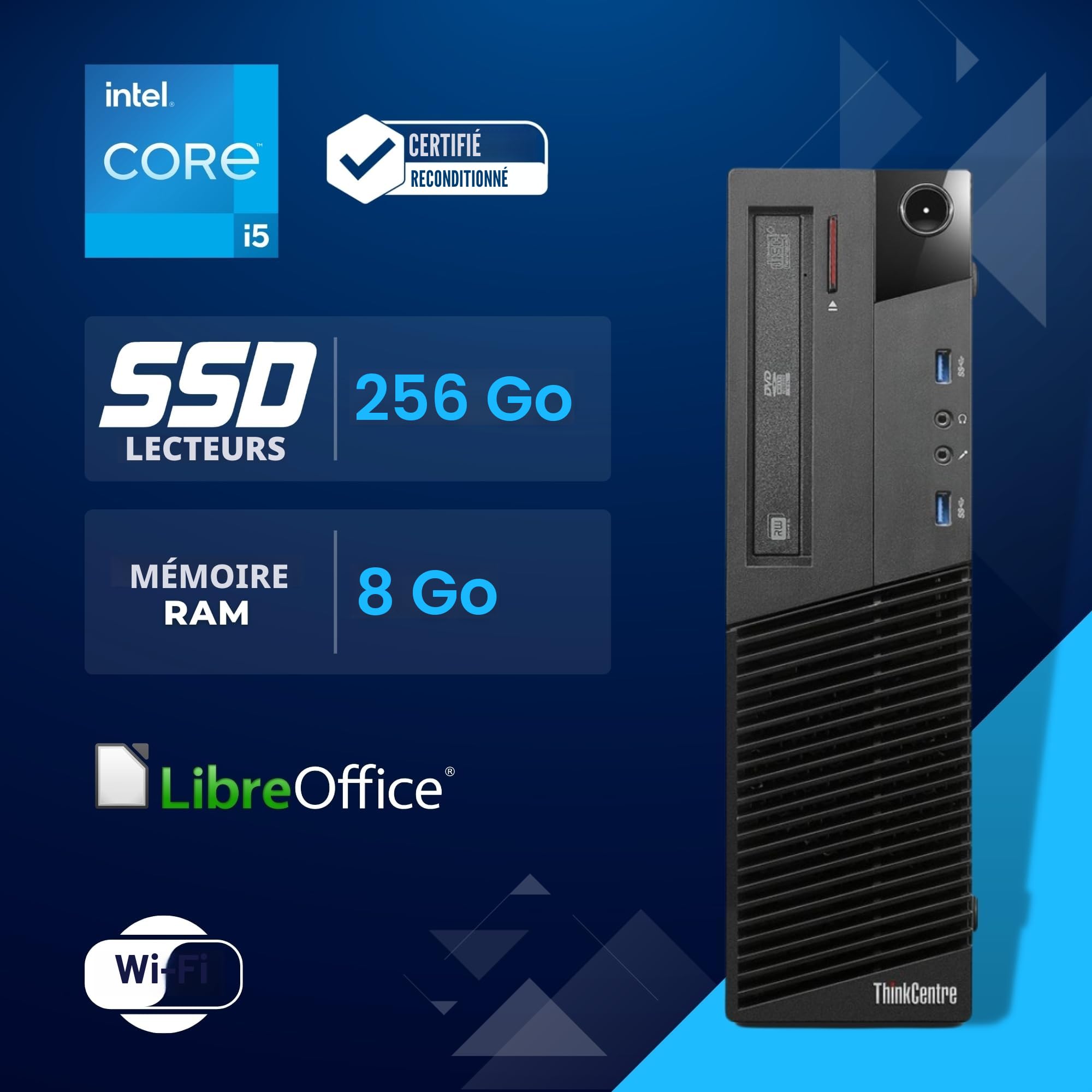 Lenovo Ordinateur PC de Bureau Intel i5, RAM 8Go , 256Go de disque SSD, Windows 11 Pro, Wi-Fi, PC fixe (Reconditionné)