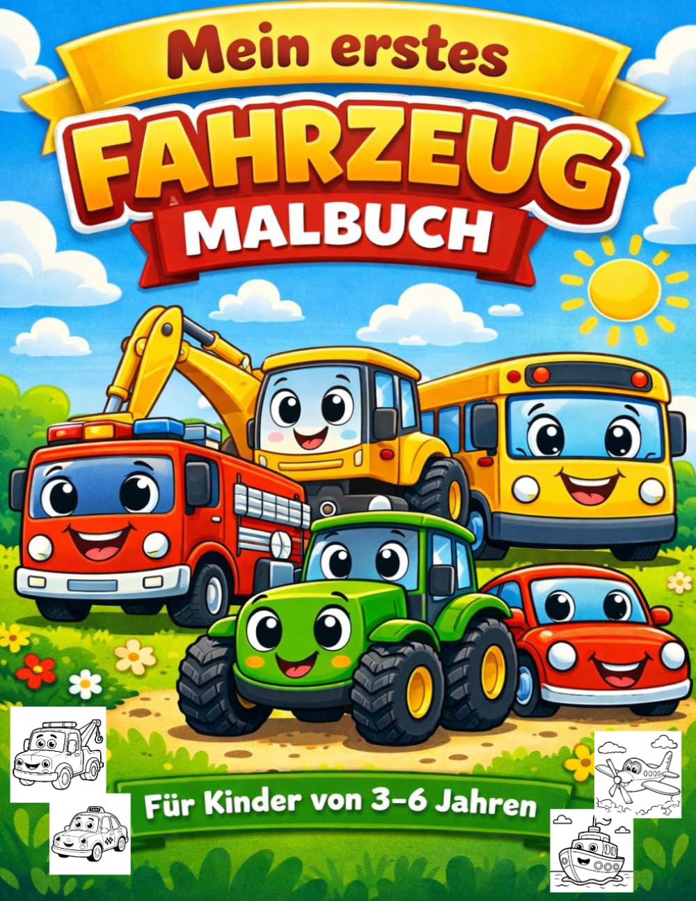 Mein erstes Fahrzeug Malbuch: Autos, Bagger, Traktoren, Feuerwehr und Züge – Lustige Fahrzeuge mit Gesichtern zum Ausmalen für Kinder von 3 bis 6 Jahren