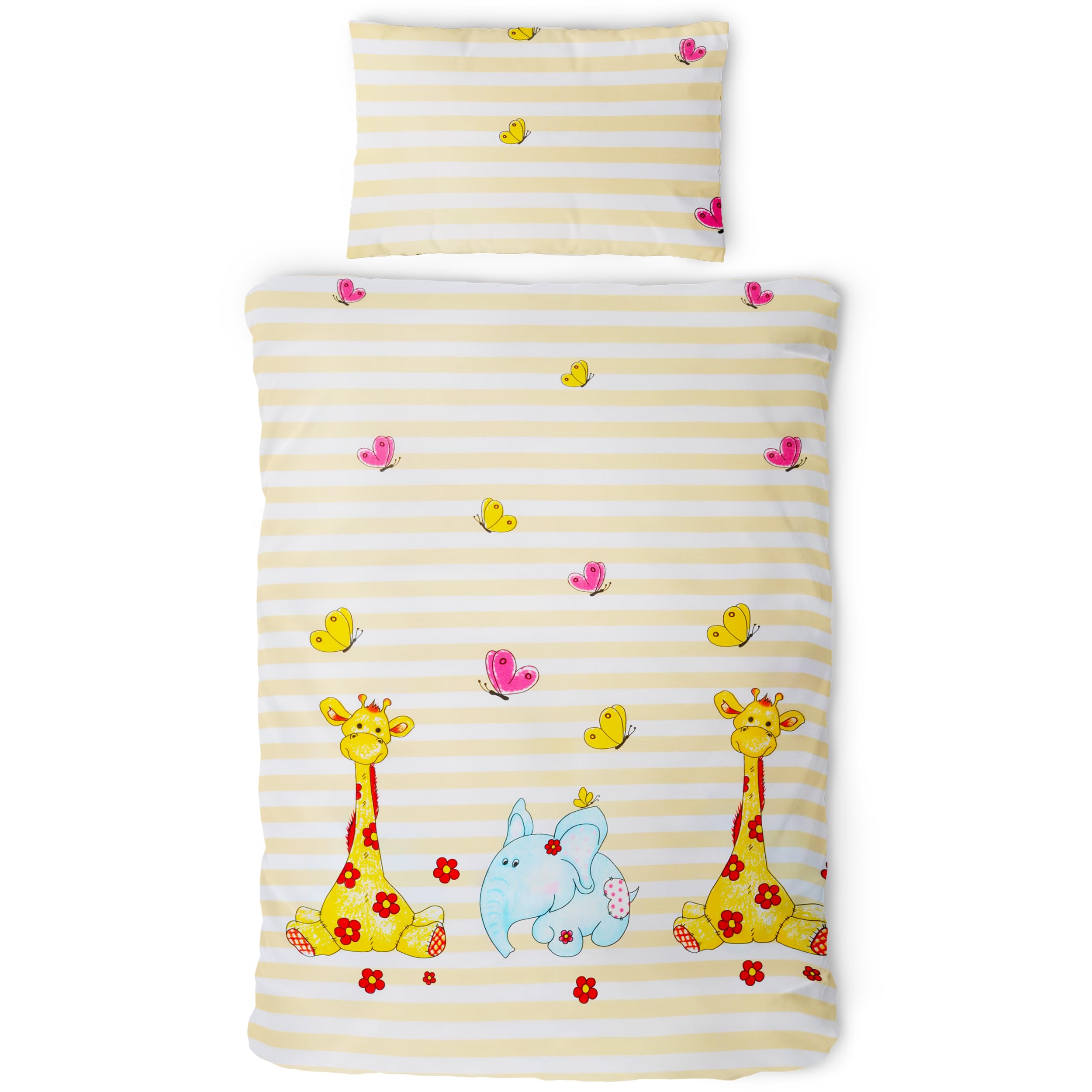 Gräfenstayn® 2-TLG. Kinderbettwäsche Set mit Tiermotiv und integriertem Reißverschluss - aus 100% Baumwolle (Renforce-Qualität) - Deckenbezug 135x100cm und Kissenbezug 60x40cm (Giraffe & Elefant)
