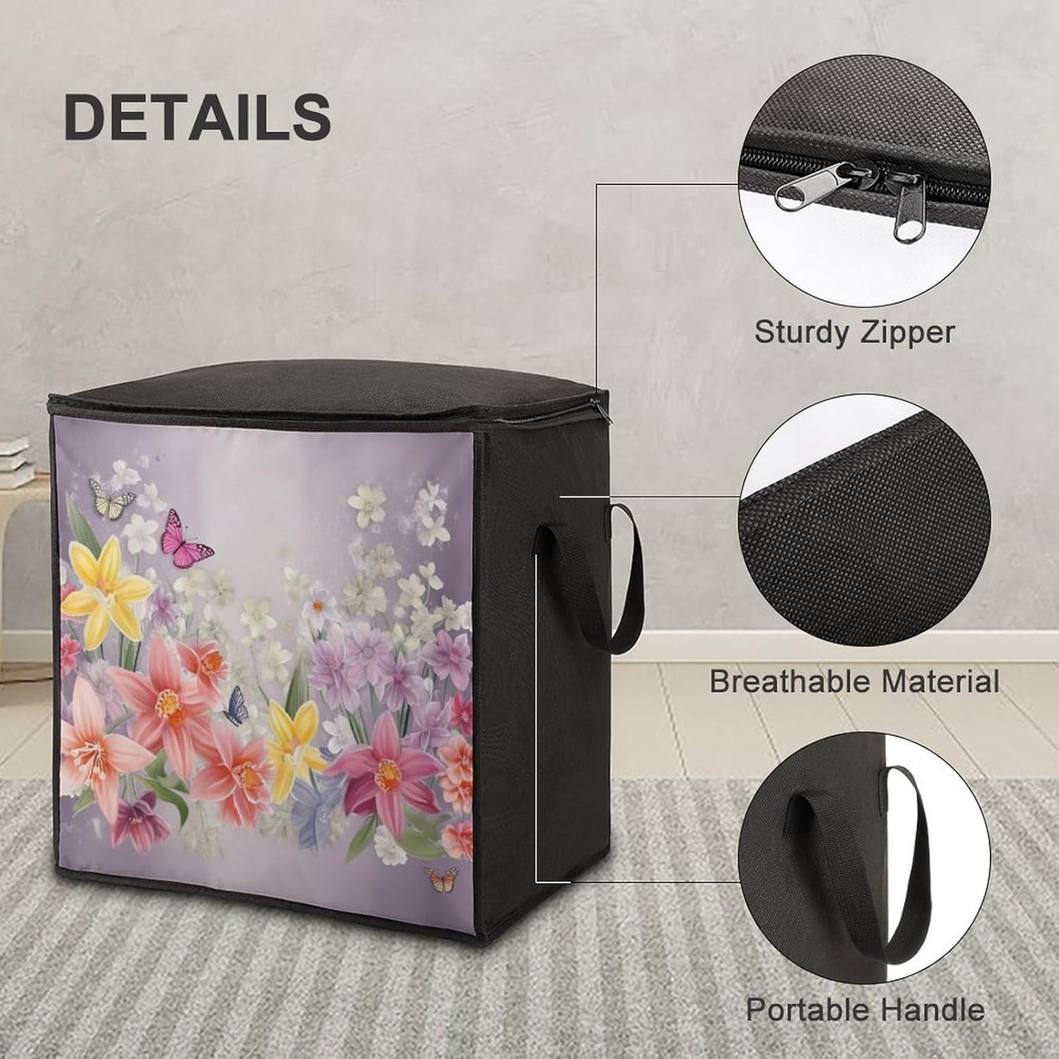 Quilt Storage Bag,Spring Flowers Printed Large Foldable Storage Container Portable Travel Storage Bag for Blankets, Quilts, Clothes, Comforter, Bedding And Pillows