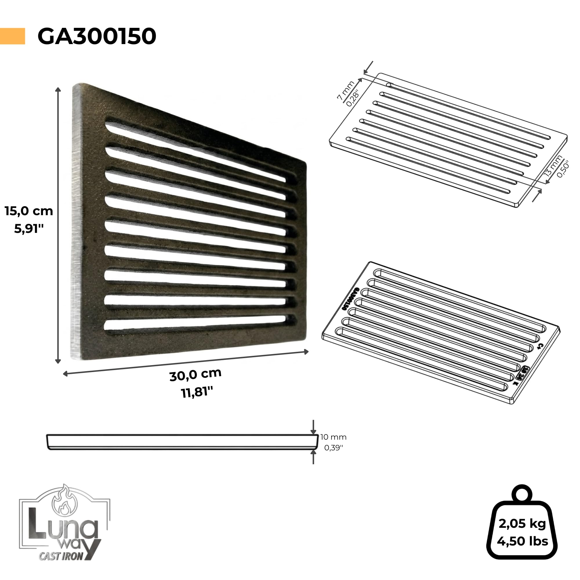 30 x 15 x 1 cm - Griglia per cenere in ghisa | Ottimizza il tiraggio camino | Resistente alte temperature | Facile pulizia, Qualità 100% ghisa by LUNA WAY CAST IRON