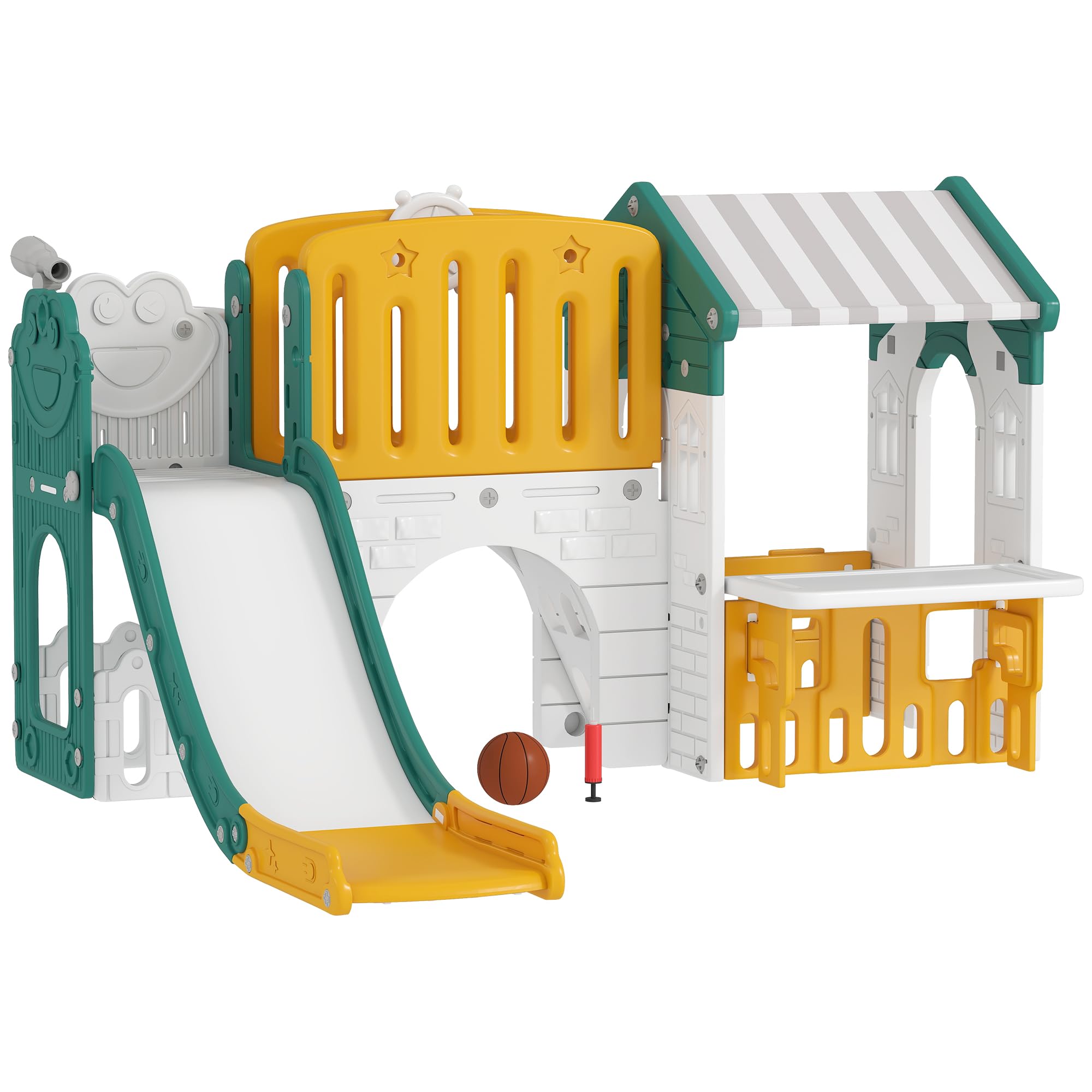 AIYAPLAY 7 in 1 Kids Slide with Kennel for Kids, Slide with Ladder, Basketball Hoop, Tunnel, Blackboard, Telescope, for Indoor, Yellow and Green