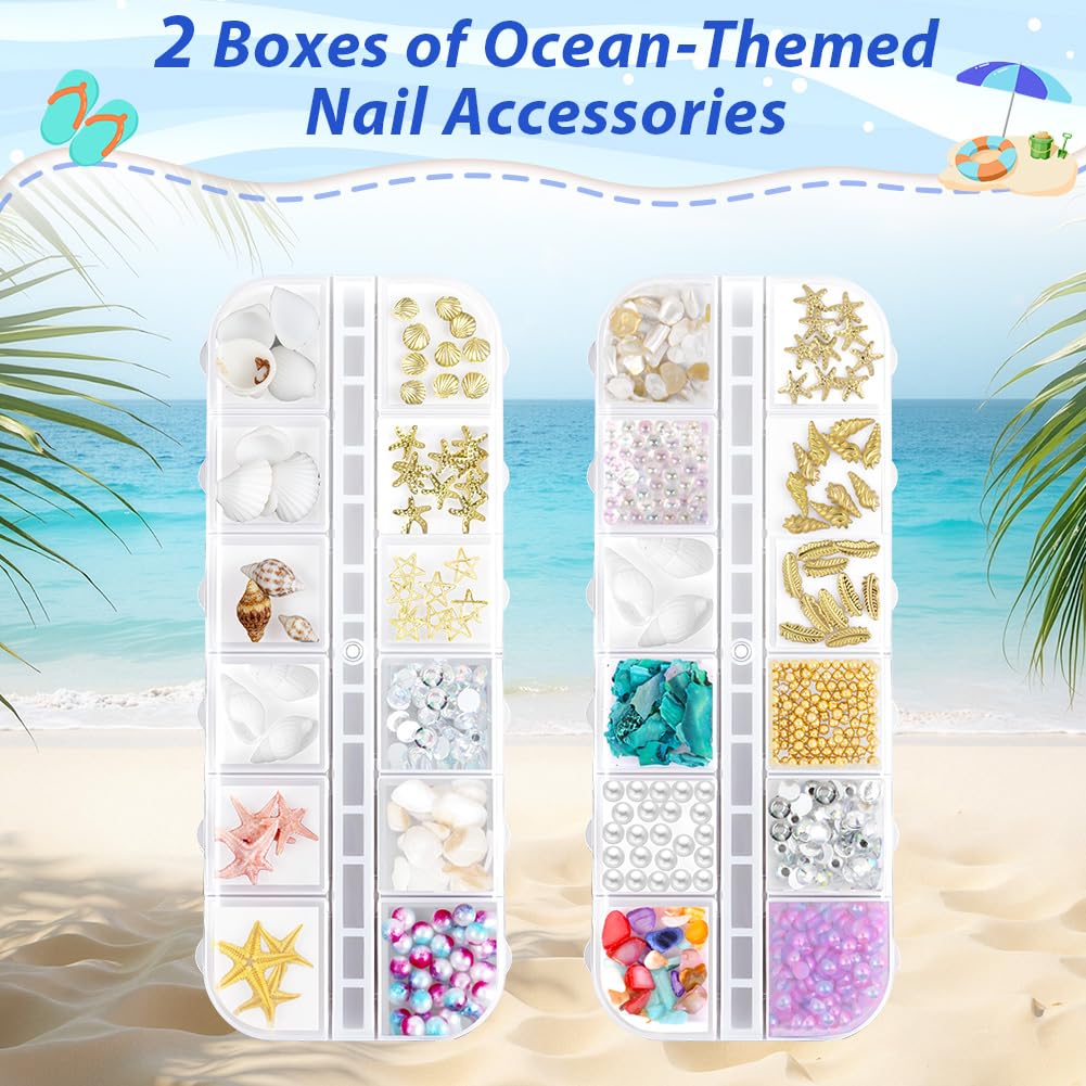 Vicloon Ocean Themed Nail Charms, 2 Boxes Jewels Beach Nail Gems, 12 Grid Mixed 3D Ocean Nail Studs Star Starfish Shell - Image 2