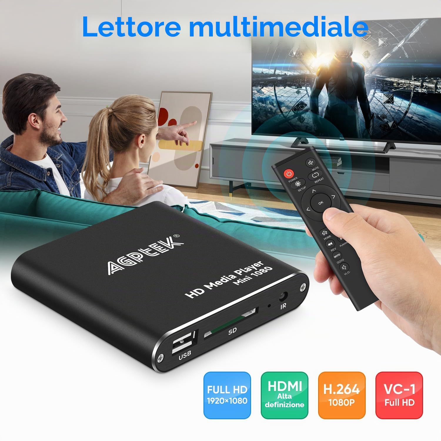Lettore Multimediale, AGPTEK 1080p HDMI Lettore Multimediale per TV Mini HD Media Player con Telecomando per -MKV/RM- Unità USB HDD e Scheda SD(Nero)