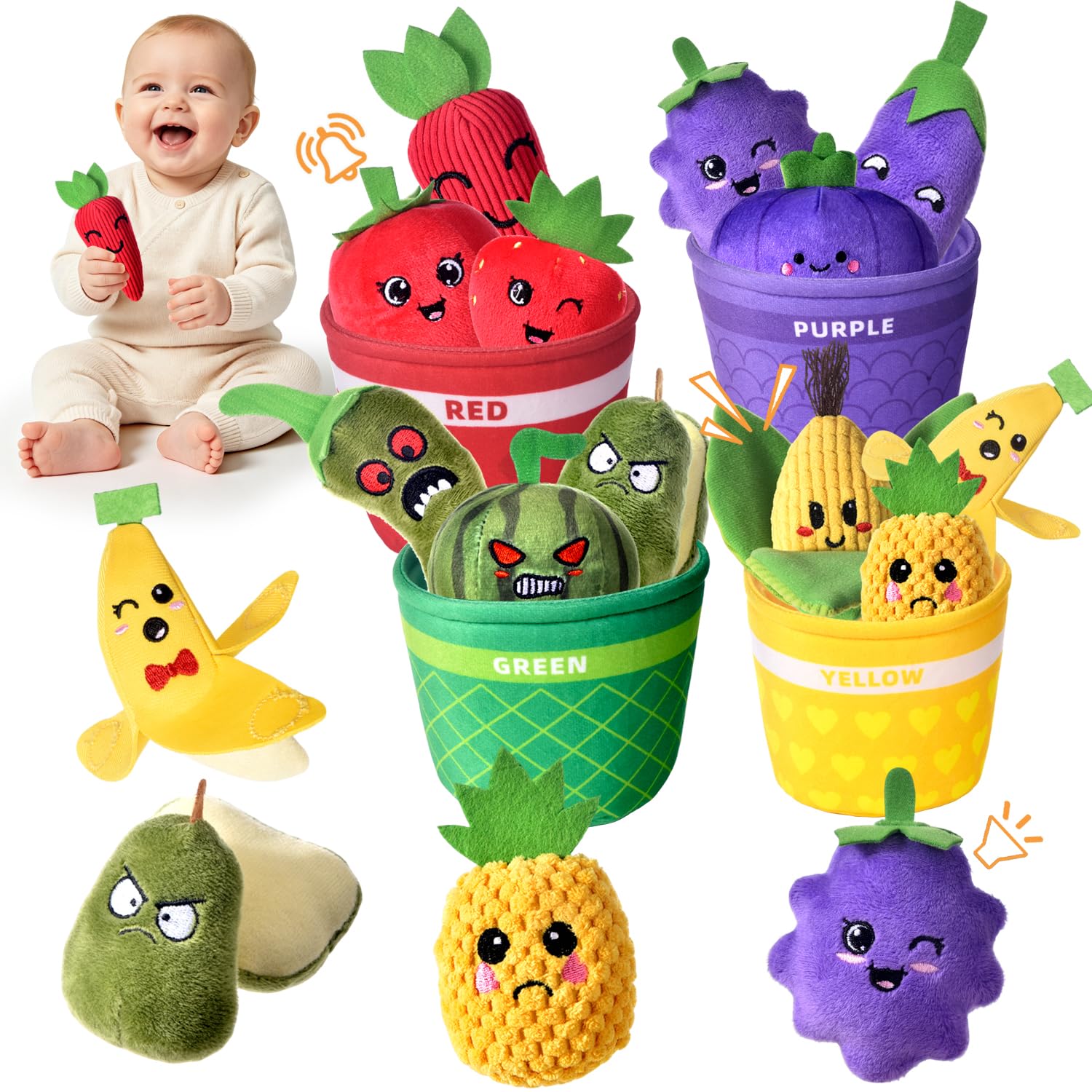 Tokiyis Giochi Montessori 6-12 Mesi – 16 PCS Frutta Verdura Peluche con Sonaglio e Cestino, Sensoriale Cognizione Colore Educativo per Bambini 1 2 3 Anni, Regalo Bimbo Bimba 6 9 12 18 Mesi