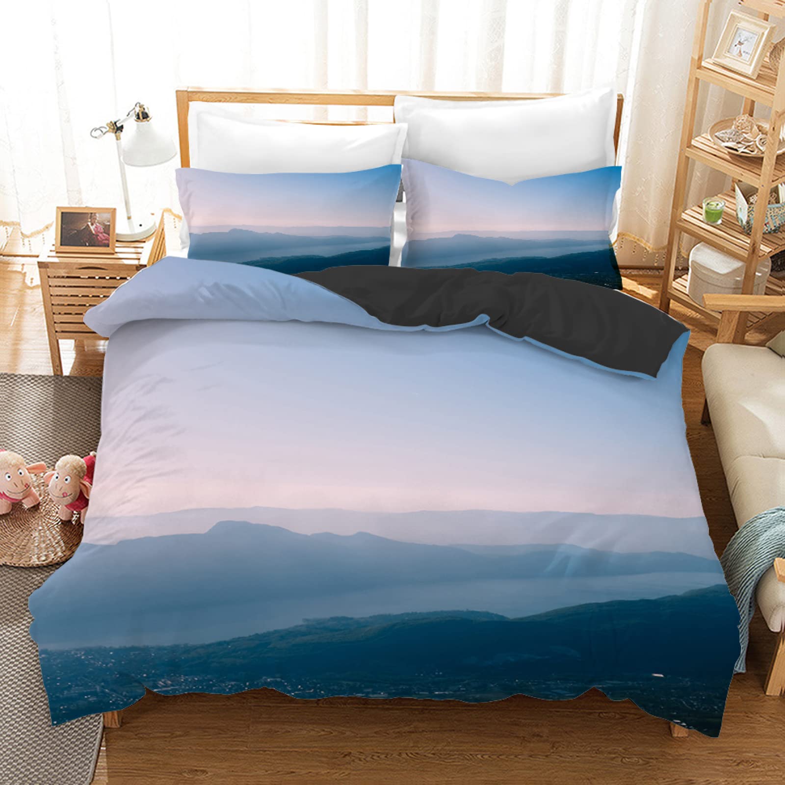 Housse de couette 160x200 montagne grise en microfibres 110g avec 2 taies