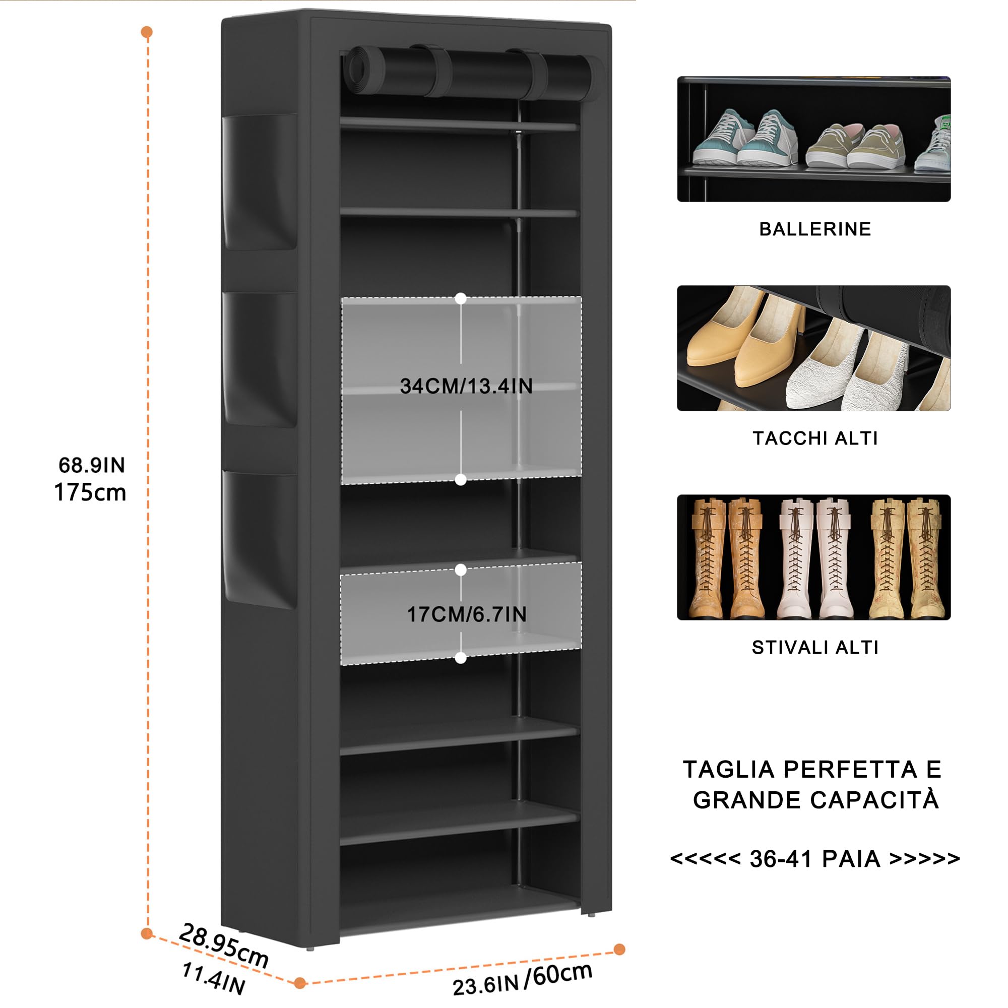OYREL Scarpiera a 11 Ripiani in Tessuto Antipolvere Chiusa o Aperta, Scaffale Portascarpe con Copertura di Tessuto, 6 Tasche Laterali, per Scarpe da Ginnastica, Tacchi Alti, Ciabatte | Scarpiera grande per 36-41 paia di scarpe, scarpiera chiusa in tessuto