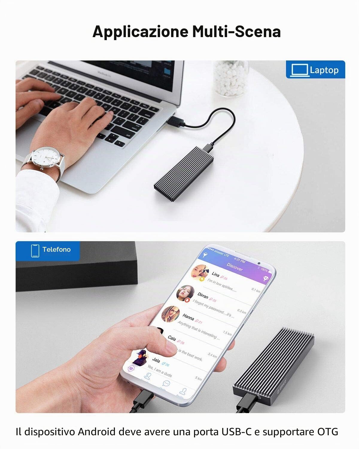 ORICO 20Gbps M.2 NVMe SSDCase esterno portatile USB 3.2 Gen 2x2 Alluminio Supporta i formati 2230, 2242, 2260, 2280 (M/B+M Key) fino a 8TB Perfetto per PS5, Laptop e Desktop M2PAC3