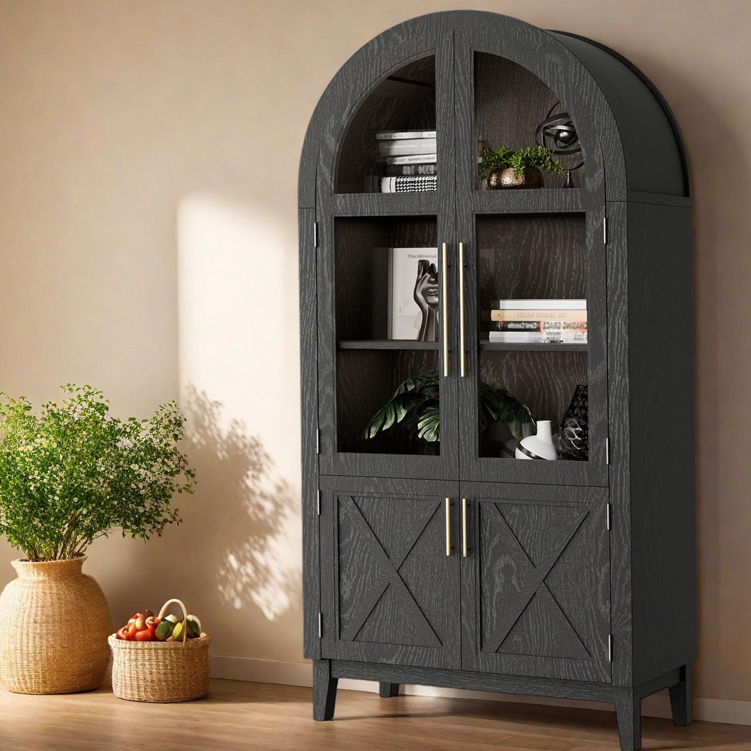 74.8" Arched Pantry Cabinet with Glass Doors, Modern Wood Storage Cabinet with 5-Tier Arched Bookcase, 3 Adjustable Shelves, Organizer for Living Room, Kitchen, Bathroom, Black