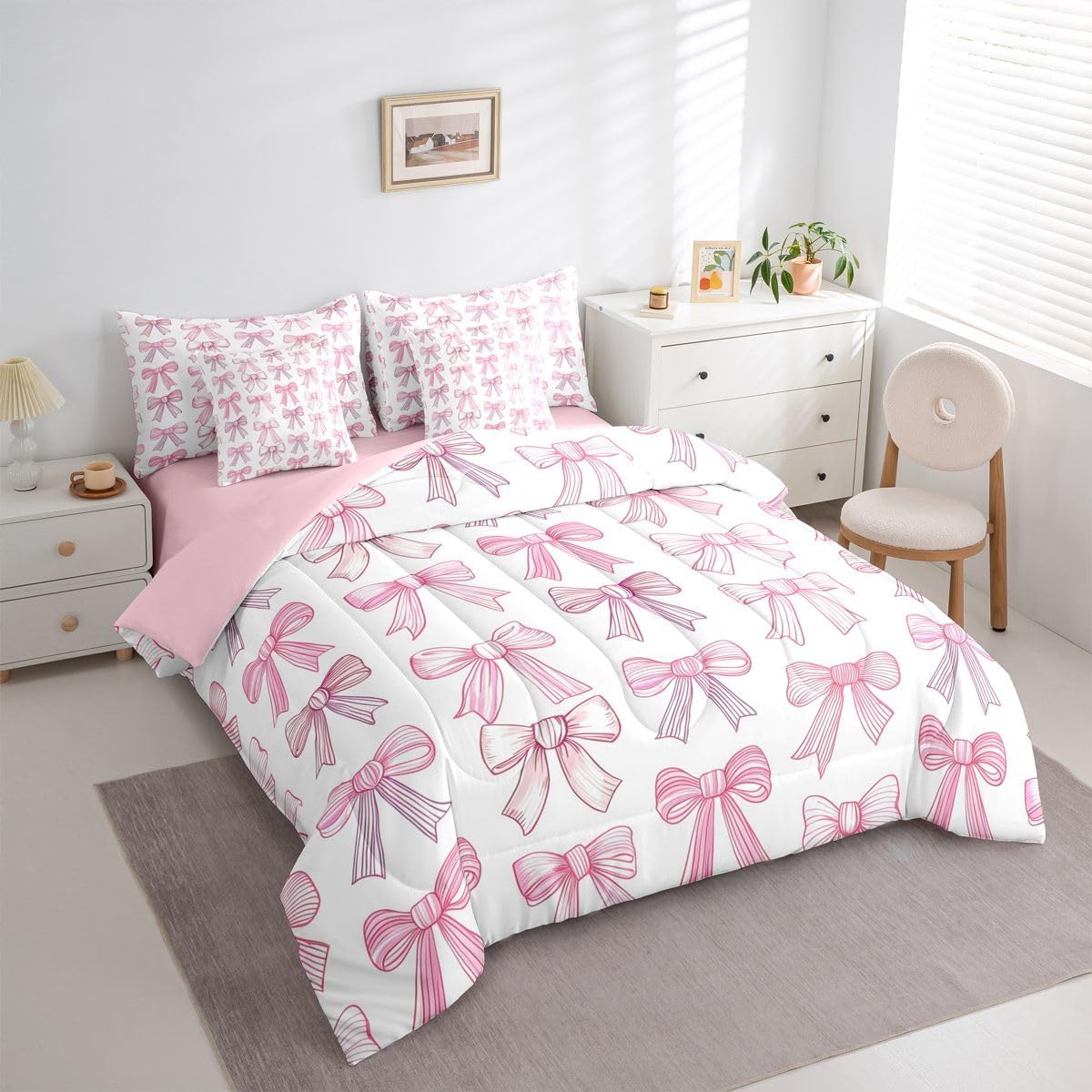 Erosebridal Ribbon Bow Girls Comforter Set Kawaii Bowknot Bed in A Bag Twin Size 7 Pieces Pink Bow Tie Bed Set Room Decor Preppy Princess Bedding with Sheets