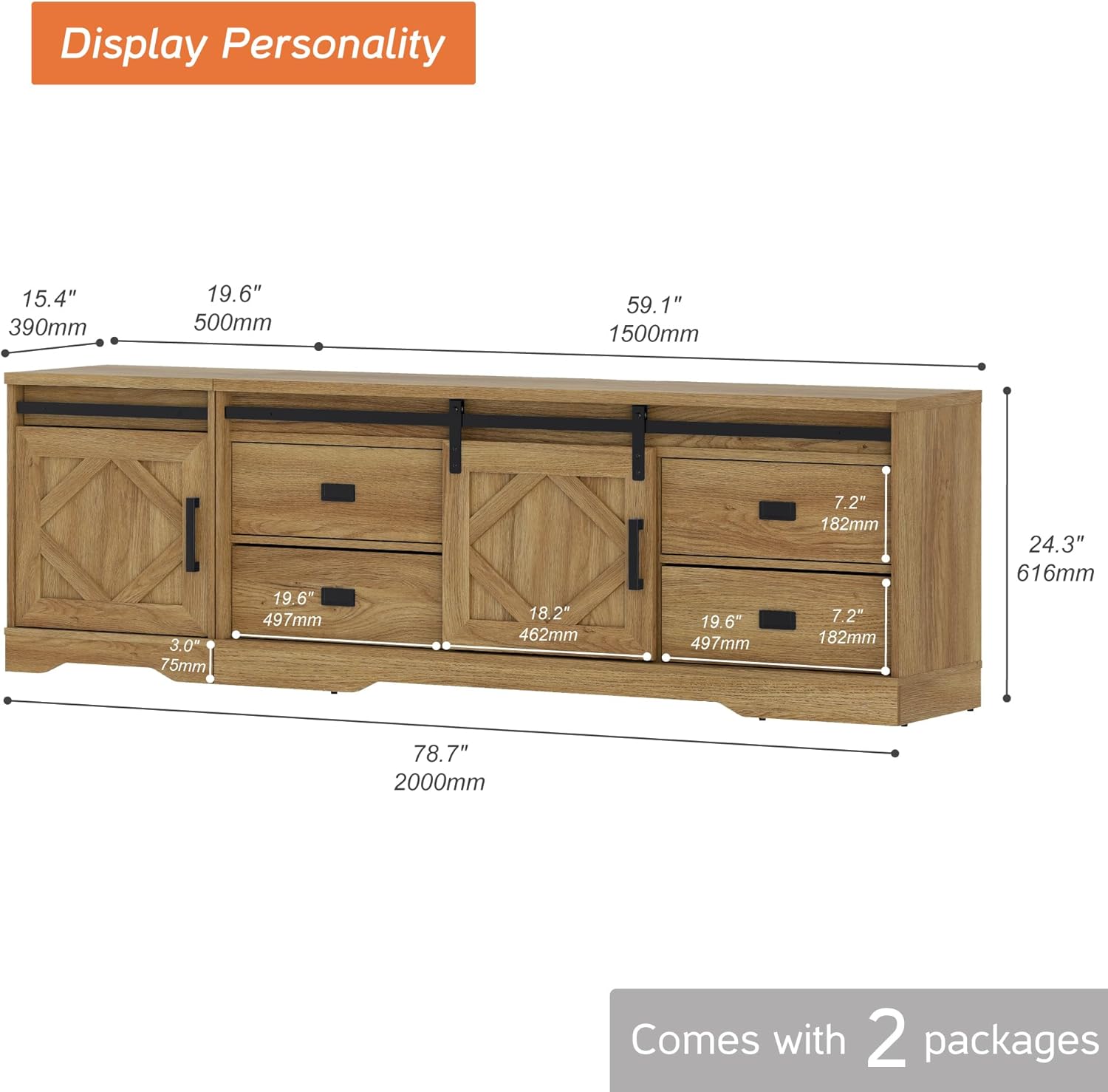 WAMPAT 78.7" W Modern Farmhouse 2 in 1 TV Stand for up to 85" TVs, 24.3" H Wood Entertainment Center with Drawers and Adjustable Shelf for Living Room, Vintage Oak
