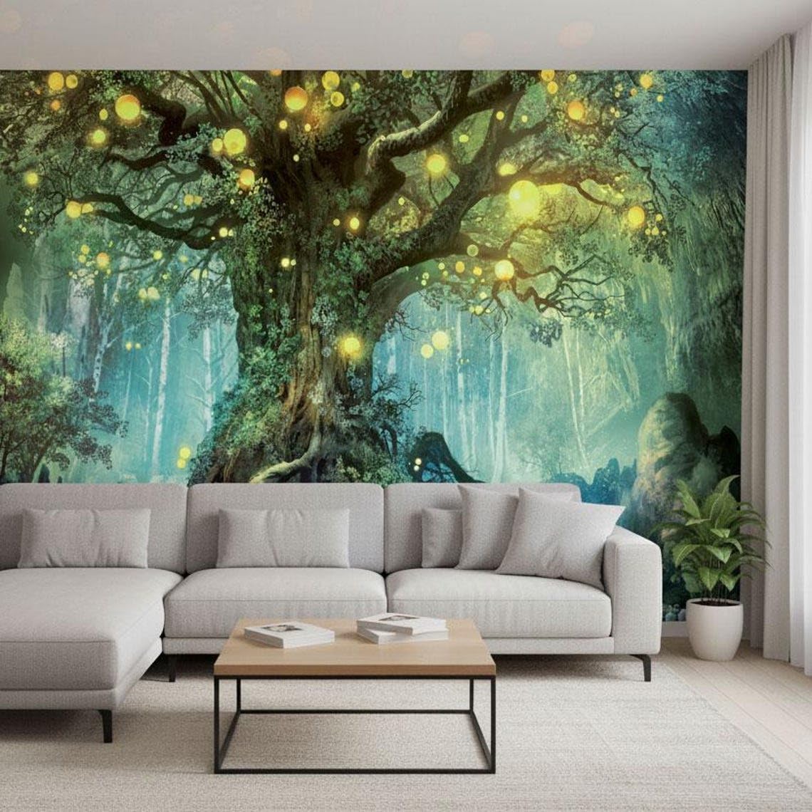 Sunny Graphics Print Fantasy Forest Wallpaper Mural Wall Sticker Photo Glowing Tree & Waterfall Scene Fabric Wall Art For Living Room, Bedroom, Office, Meditation Space 250X175