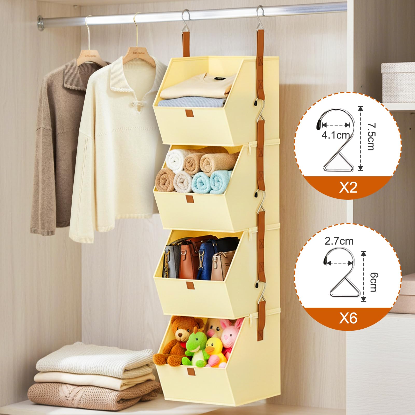 Étagère de Penderie à Suspendre, 4 Niveaux Étagère Suspendue Pliable pour Placard avec Crochets Métalliques Gain de Place Pliable Rangement Vêtements Organisateur Armoire Vetement