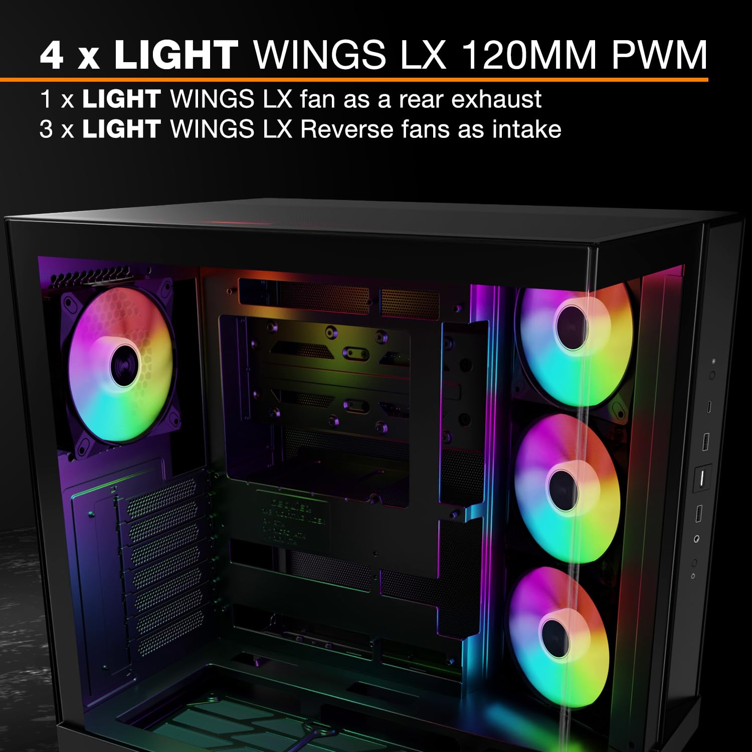 be quiet! Light Base 500 LX Black obudowa PC, w pełni przeszklone panele przednie i boczne, Show Case, Dual Chamber Design, ARGB, 4 wentylatory Light Wings LX PWM, konstrukcja z tyłu