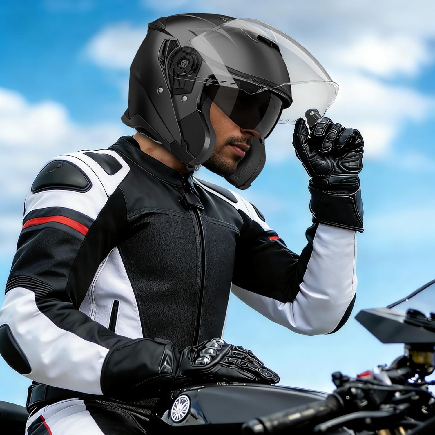 Motorcycle Helmets for Adults, Open Face Motorcycle Helmet with Dual Visor, Casco para Moto DOT Certified, ATV Dirt Bike Snowmobile Motocross Helmet for Men Women, Quick Release Strap, AP-836