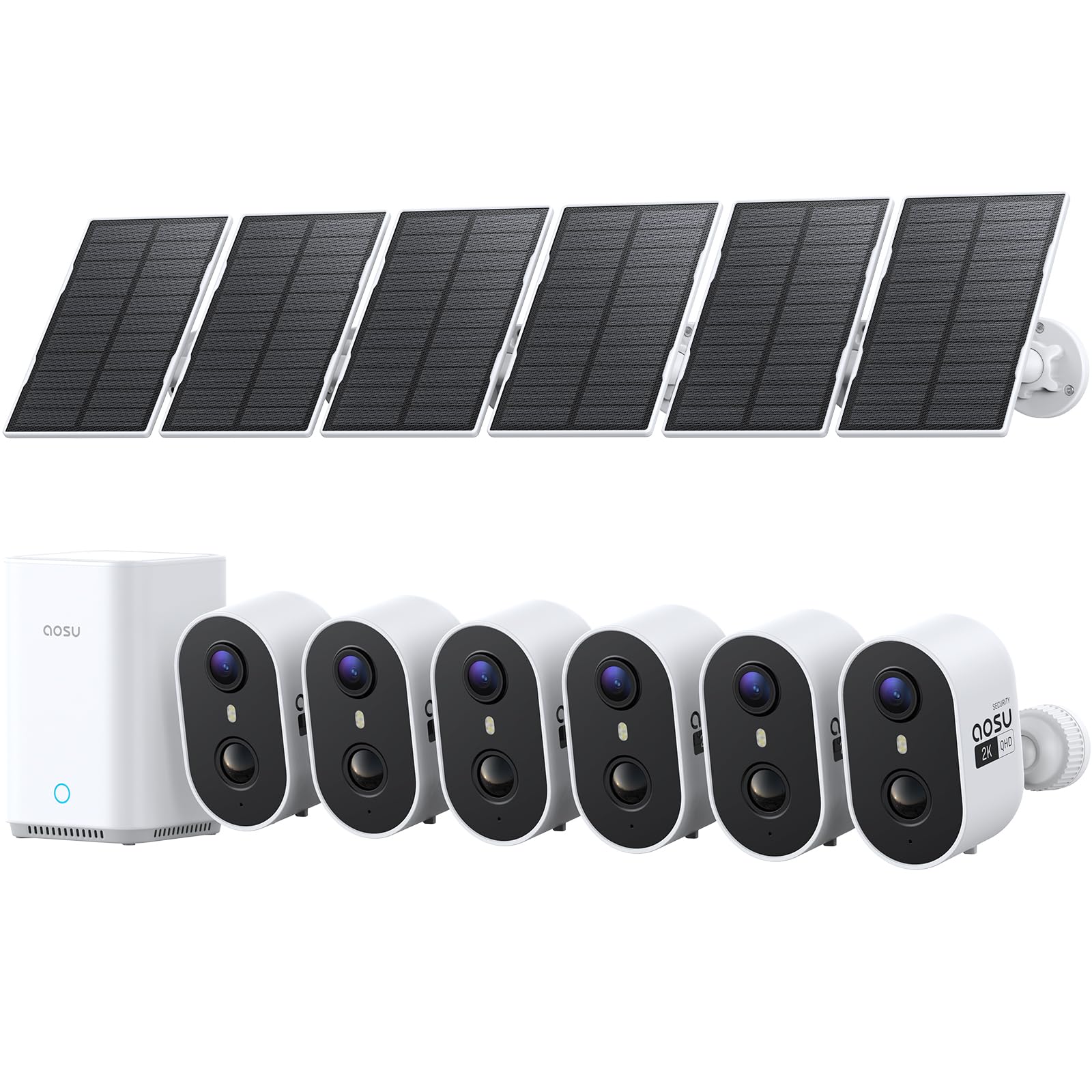 aosu 2K Überwachungskamera Aussen Akku Solar 6er-Kit mit Aosubase 2.0 ohne ABO 32GB Lokal Speicher Kabellose Kamera Überwachug Aussen PIR Bewegungssensor Licht Tonalarm 2-Wege-Audio Farb-Nachtsicht