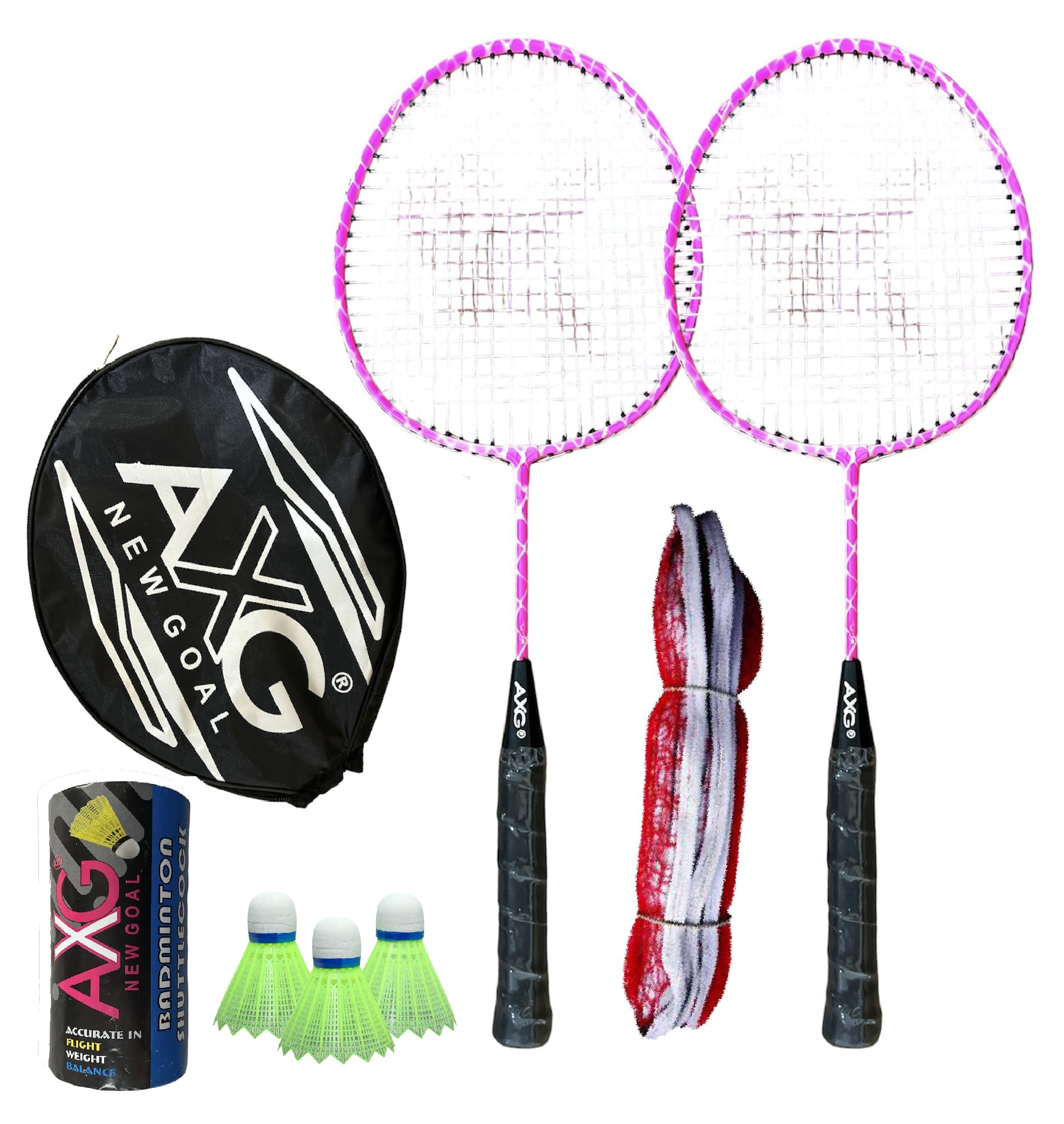 AXG Durable Stylish Design 2 Racquets with 3 Plastic shuttles, net and Cover Badminton Kit (Pink)-image-39