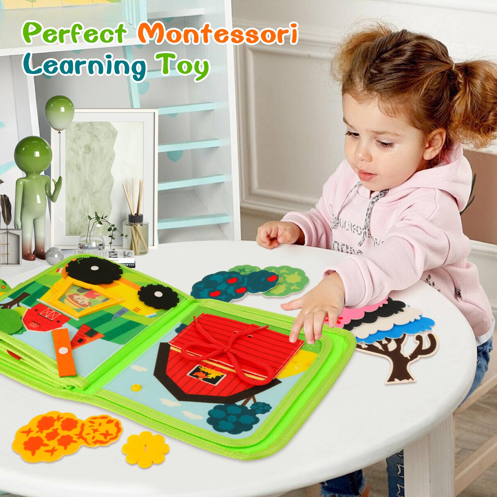 Busy Board Libro Montessori Interattivo 1 Anno, Quiet Book Sensoriale Educativo, Giochi da Viaggio per Bambini, Giochi Montessori 1 2 3 4 5 6 Anni, Pannello di Feltro attività Ranch Animals