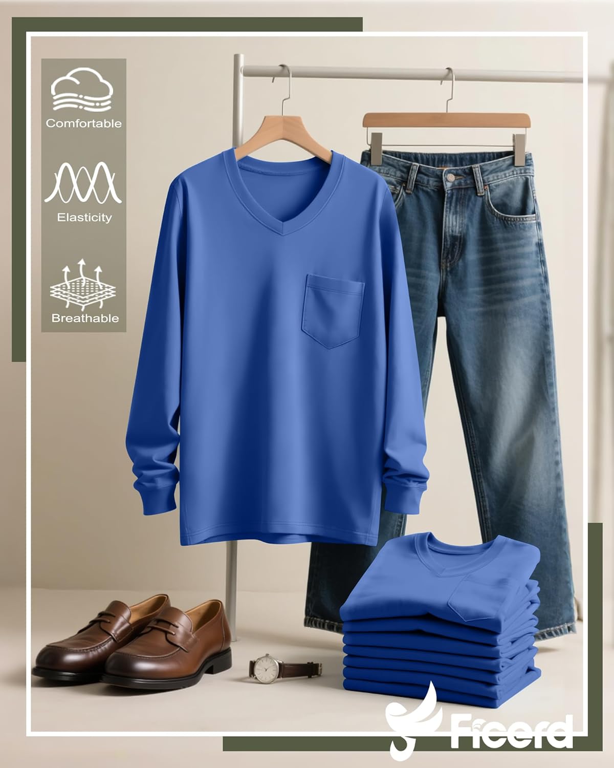 Ficerd 3 Pack Men's Big and Tall V Neck Shirts with Pocket Long Sleeve Plus Size Tops Basic Casual Loose Fall Tee - Image 3