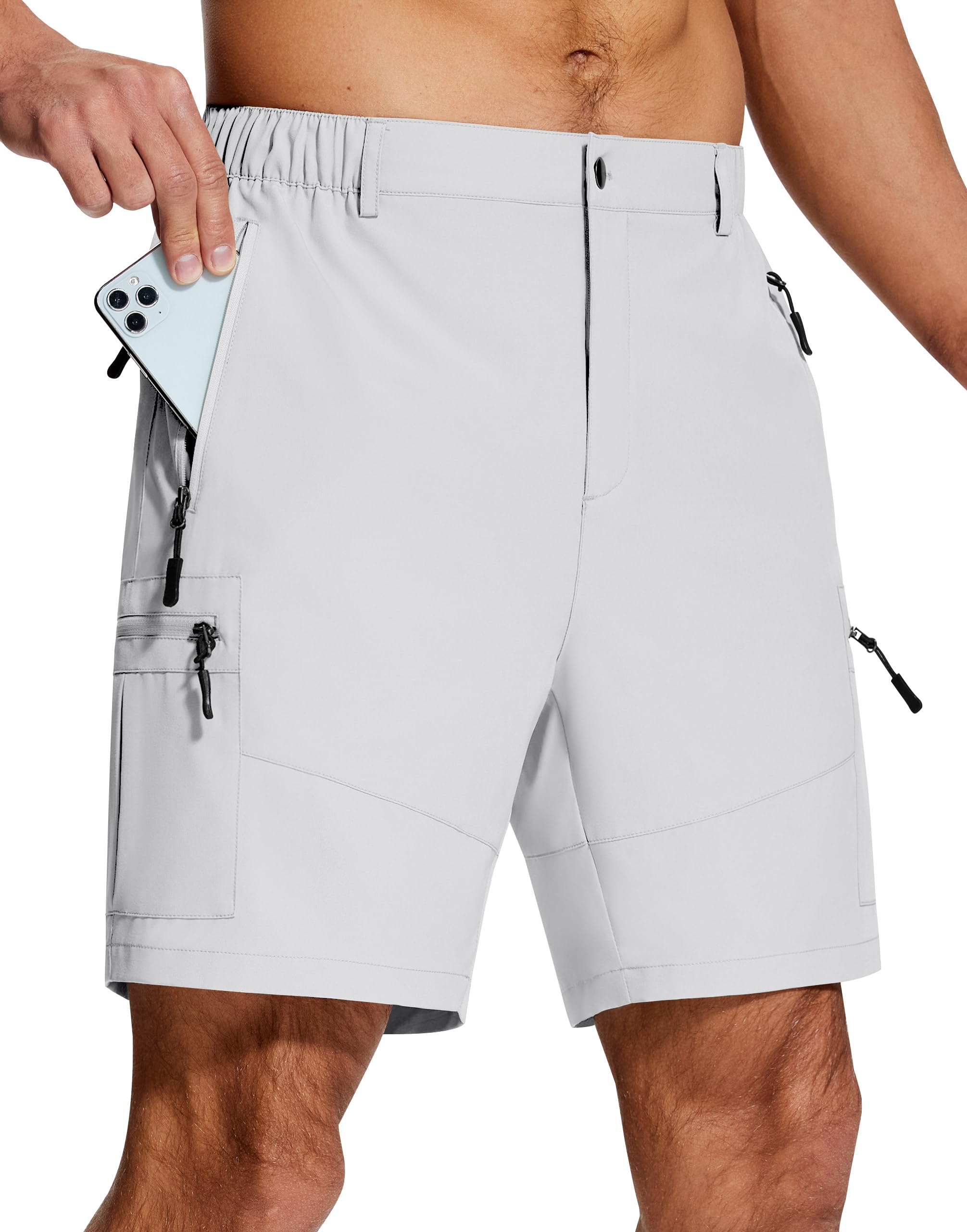 Mens Hiking Cargo Shorts 7" Inseam 6 Zipper Pockets Stretch Quick Dry Lightweight Short for Golf Casual Fishing Work, Bright Grey, XL Short