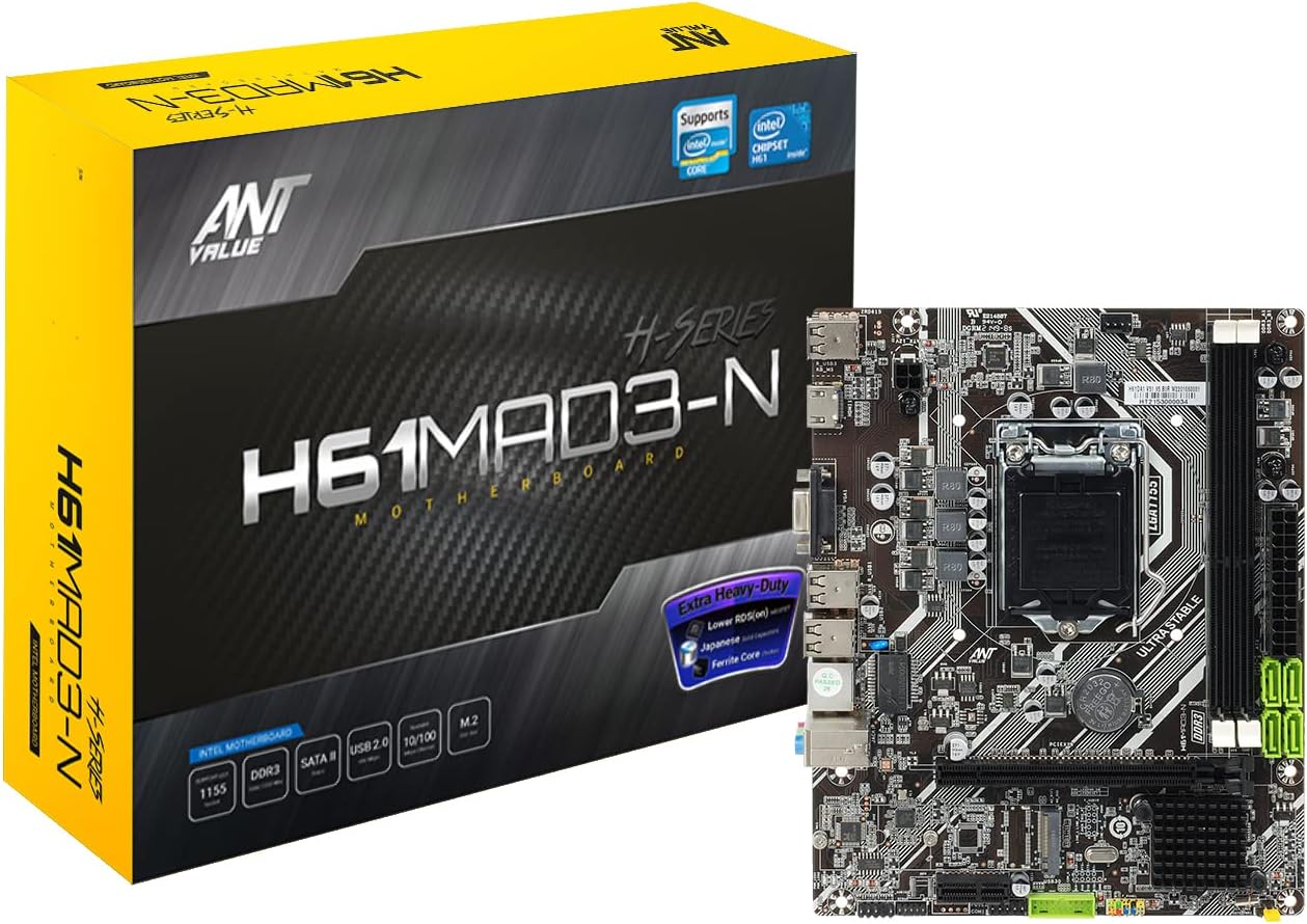 Ant Value H61MAD3-N mATX Gaming Motherboard LGA1155 Support Intel 2nd and 3rd Generation i3/i5/i7 DDR3, M.2 NVMe, USB 2.0 Ports