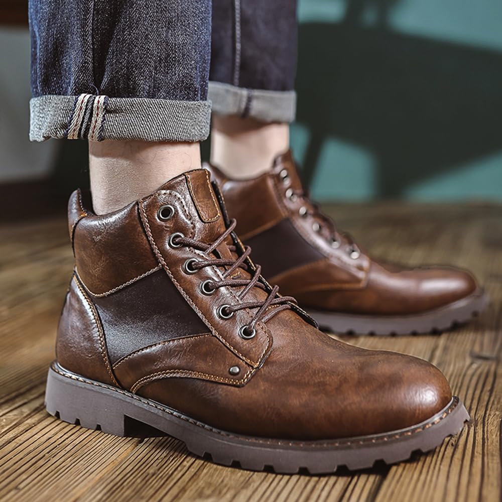 Mens Black Boots Platform Lace Up Motorcycle Boots PU Leather Combat Boots for Business Casual