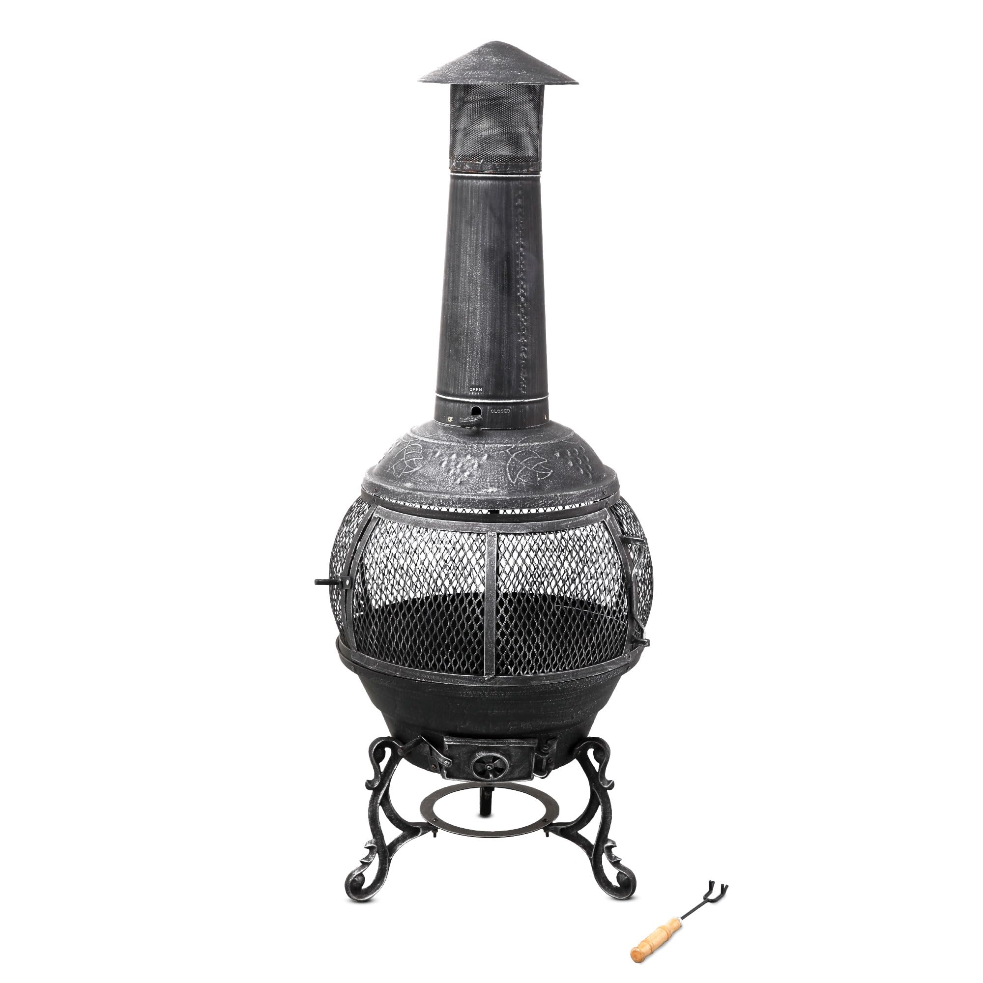 tepro Jacksonville Guss-Feuerstelle – Gartenkamin im spanisch-mediterranen Stil, Ø 52 cm, 140 cm Höhe, inklusive Funkenschutz & Schürhaken