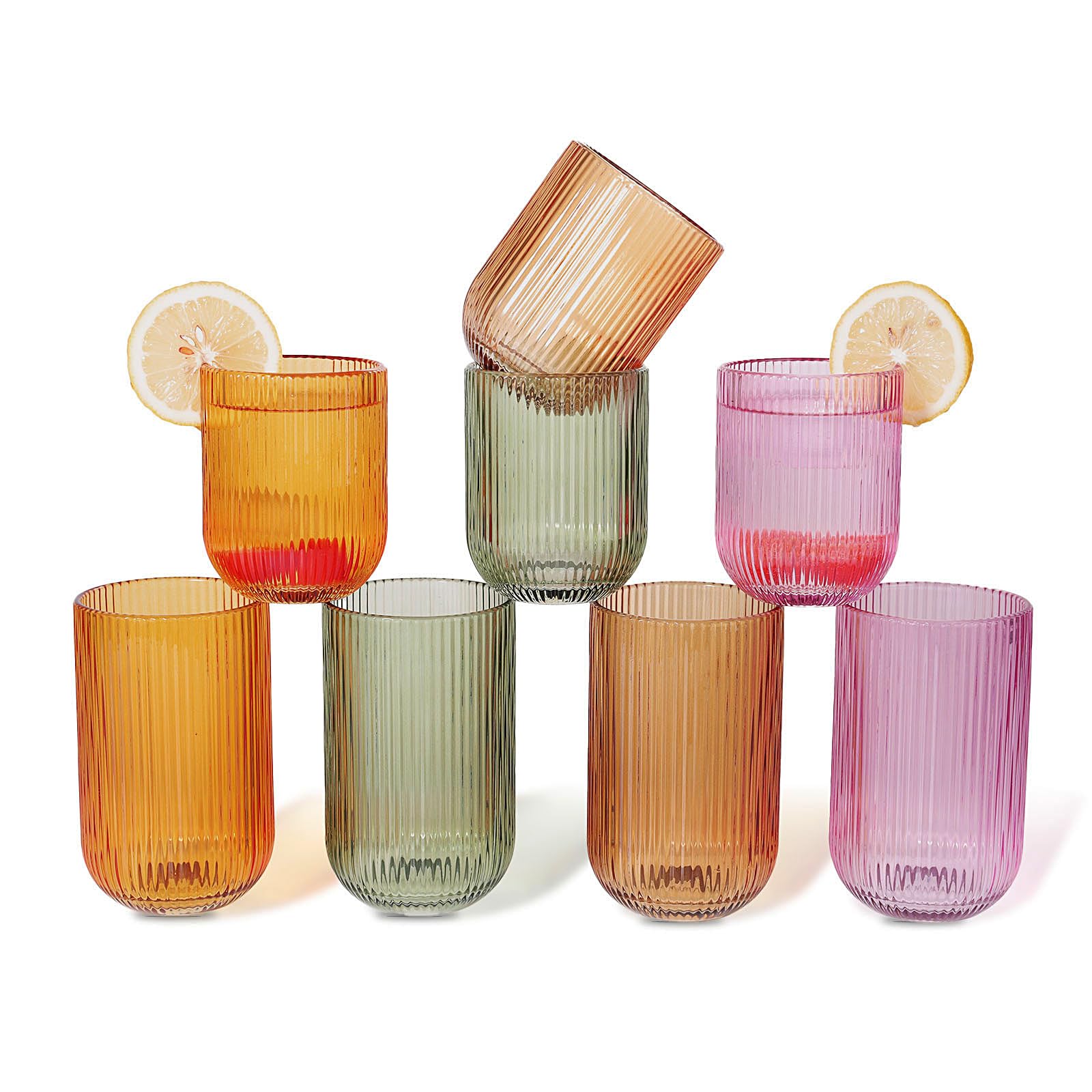 Photo 1 of WeirdUncle Set of 8 Dopamine-colored-match Ribbed Glassware,4 Highball Glasses 14oz & 4 Rocks Drinking Glasses 9oz, Origami Style, Fluted Design, for Daily use, Water, Cocktail, Whiskey, Kitchen, Gift