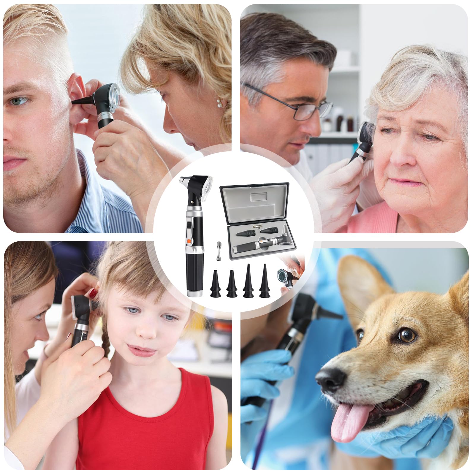 Otoscope auriculaire avec lumière LED, grossissement x3, outil de diagnostic, étui rigide, noir