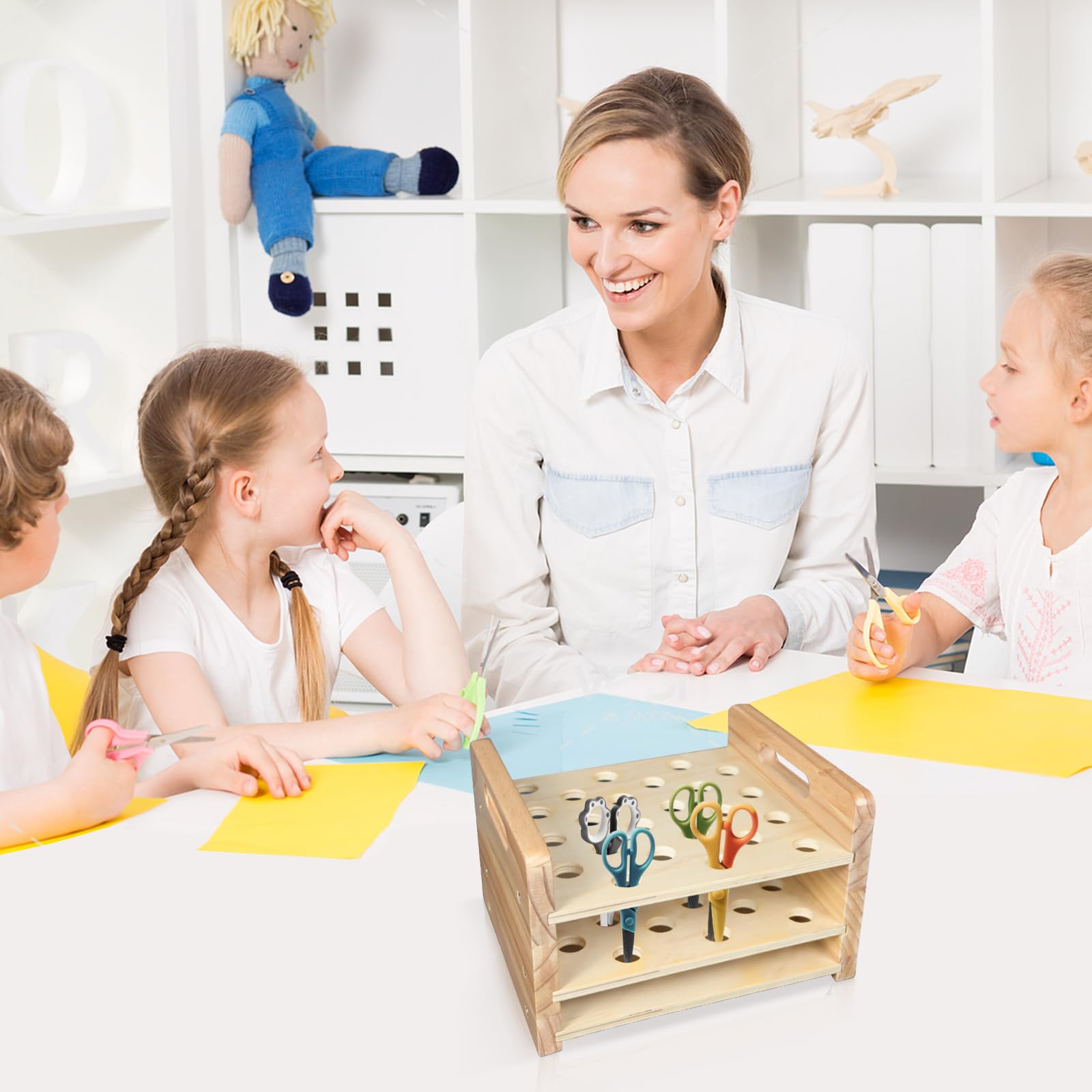 Supporto per forbici in legno, 24 fori, in legno naturale, organizer per sopracciglia, penne, pennelli da trucco, organizer da scrivania per aule, ufficio, barbiere, casa
