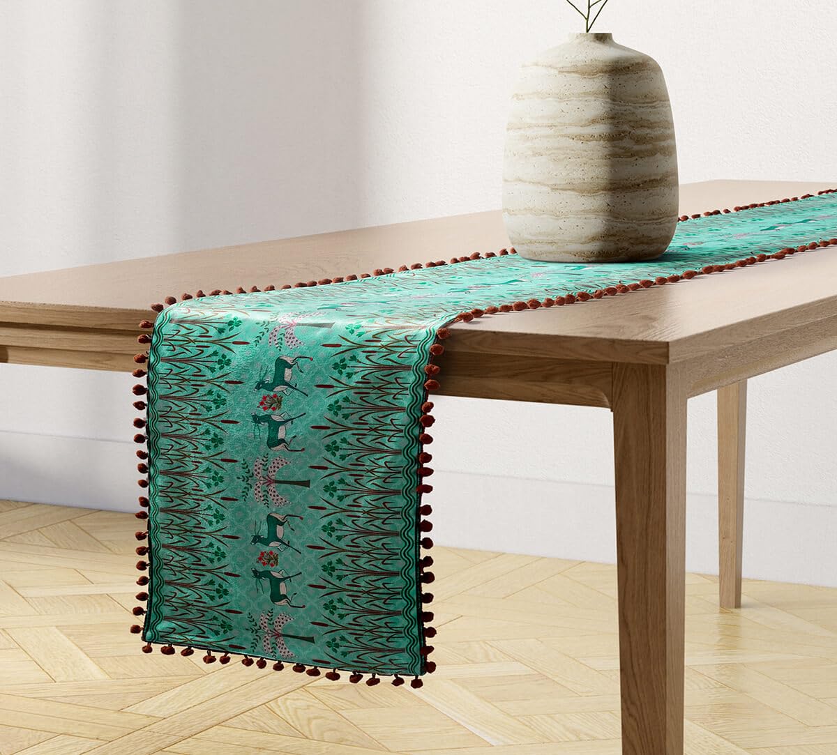 India Circus by Krsnaa Mehta Mirroring Deer Garden Printed Micro Velvet 4 Seater Table and Bed Runner (94 x 14 inches)