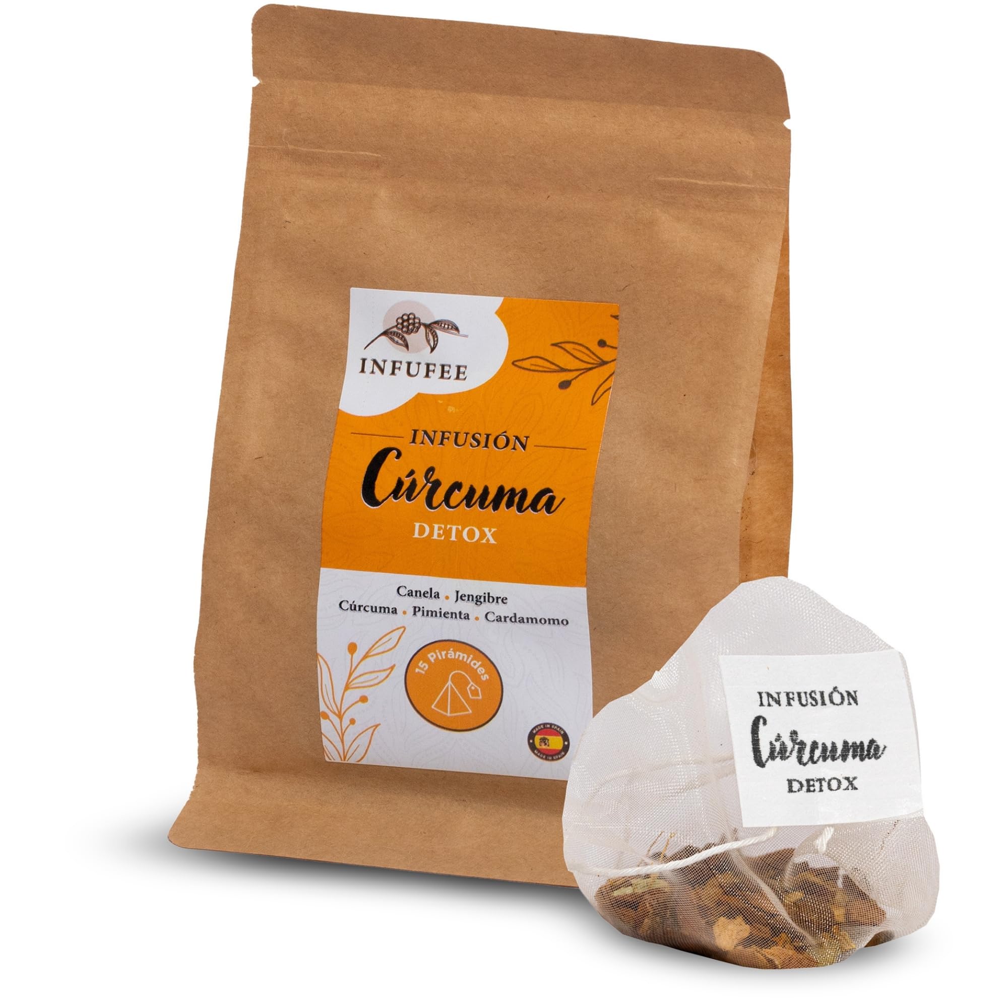Infusión Detox de Cúrcuma y Jengibre - Té Antioxidante y Antiinflamatorio con Pimienta Negra, Canela y Cardamomo - Plan Adelgazante Natural 15 Dias- Infusión Sin Teína para Dieta Depurativa
