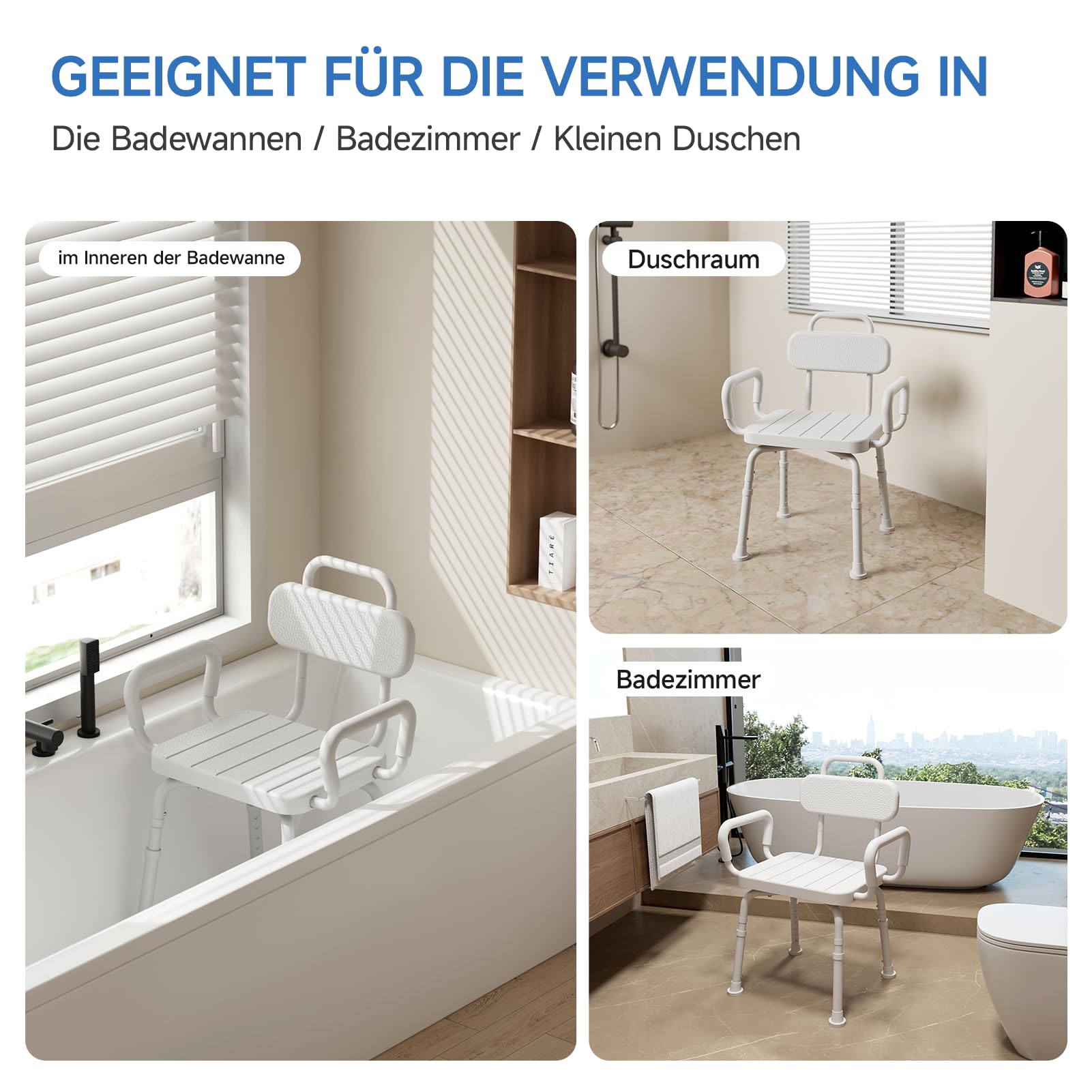 Loyoda Drehbarer Duschstuhl Senioren mit abnehmbare Rückenlehne & Armlehnen | 360° schwenkbarer Duschhocker, höhenverstellbar, rutschhemmende Füße, Aluminiumrahmen, für Dusche & Badewanne, Neutralgrau