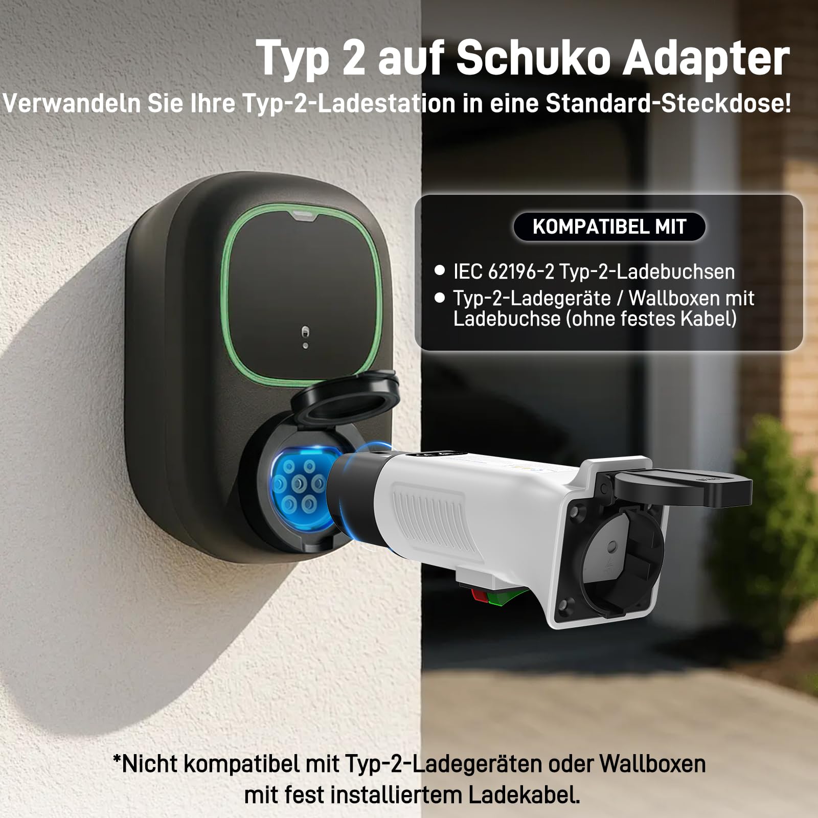 Typ 2 auf Schuko Adapter für Ladestation & Wallbox (230 V, 16 A, 3,68 kW, IP44) | Typ 2 Stecker auf Schuko-Steckdose für E-Bike, E-Scooter, Motorrad & Elektrorollstuhl (Nicht für V2L)