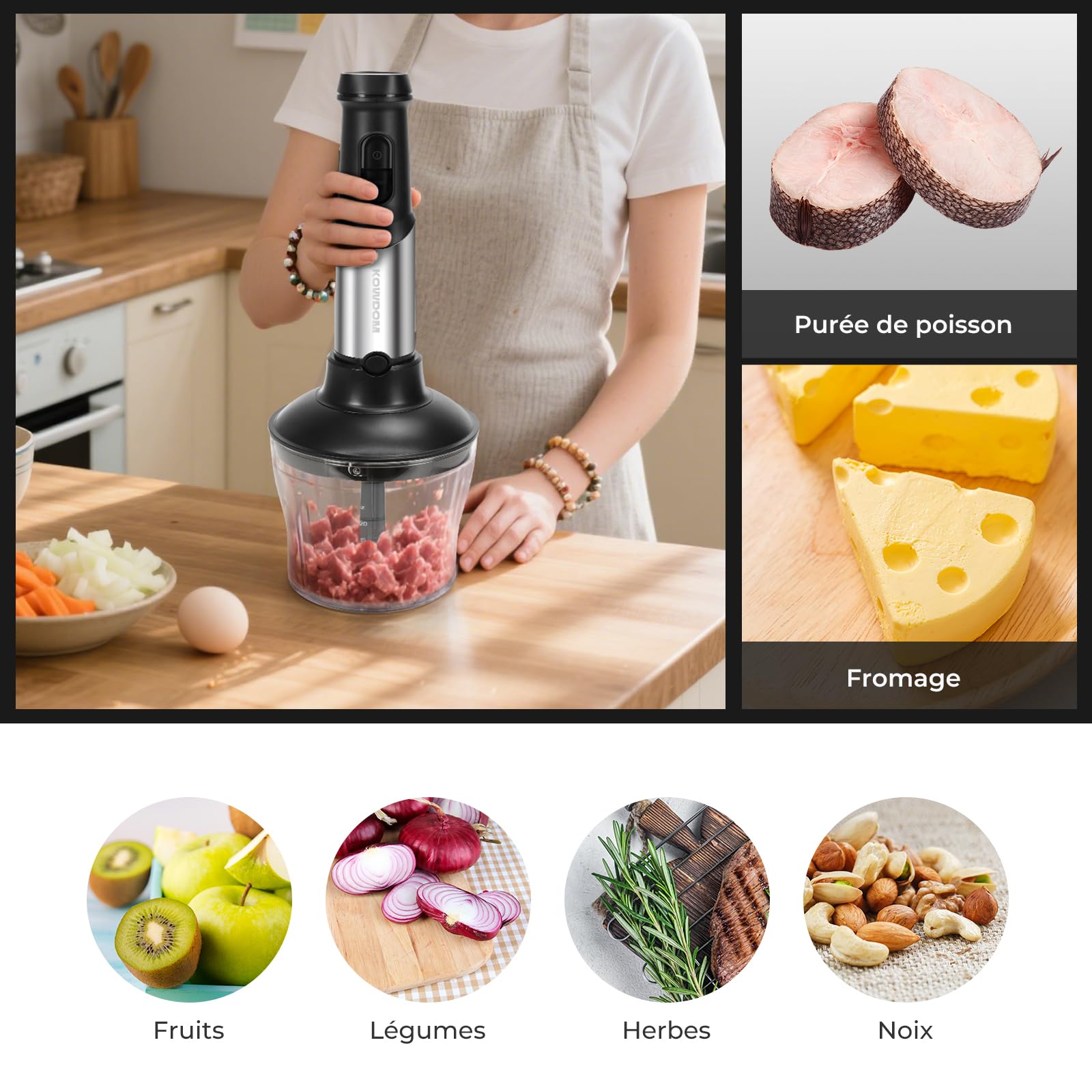 Mixeur Plongeant 1200W - Ensemble avec Hachoir Électrique 600ml, Mousseur à Lait et Pot 800ml - Soupes, Sauces, et Fruits - 12 Vitesses + Turbo en Acier Inox