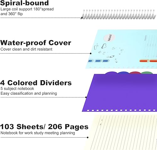 Miniatura 3 de Cuaderno de espiral con rayas anchas de 5 materias con pestañas divisorias de 6 x 8 pulgadas, cuadernos pequeños a rayas para trabajo, 206 páginas,