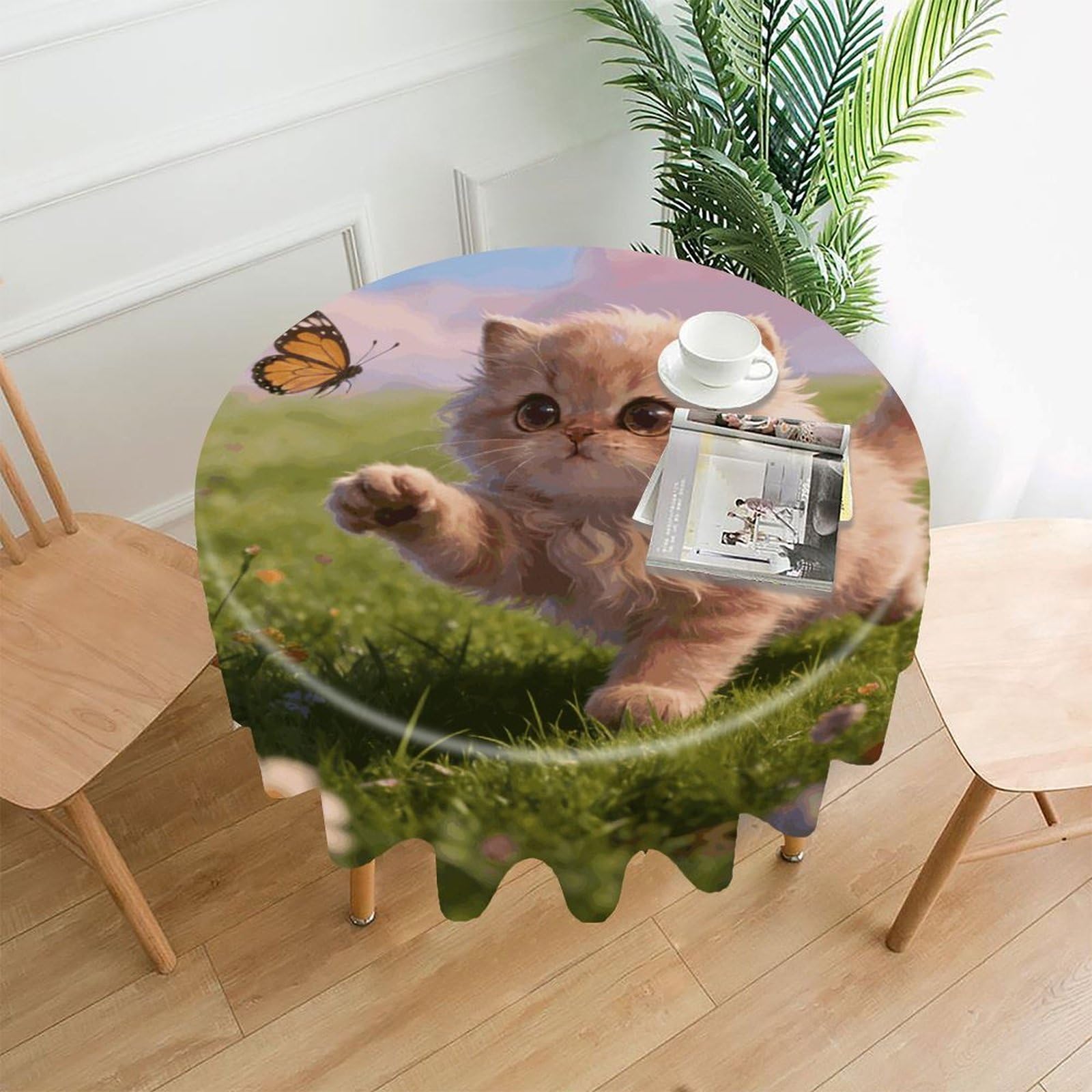 LZQPOEAS Chasing Butterflies Tablecloth Easy to Clean Polyester Round Table Cover Washable Round Table Cloth Wrinkle-Free Circle Decoration Tablecloth for Kitchen and Dining Room 60"