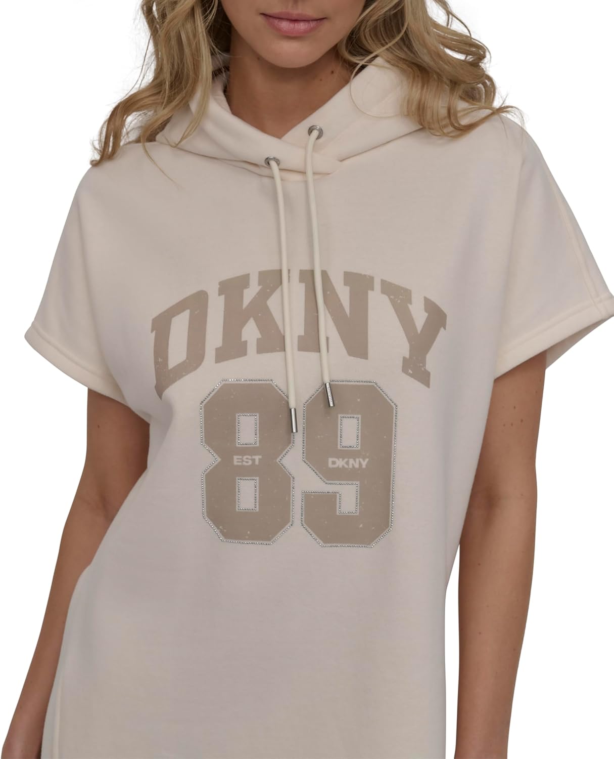 DKNY Women's Rhinestone Jersey Logo Short Sleeve Hoodie Dress