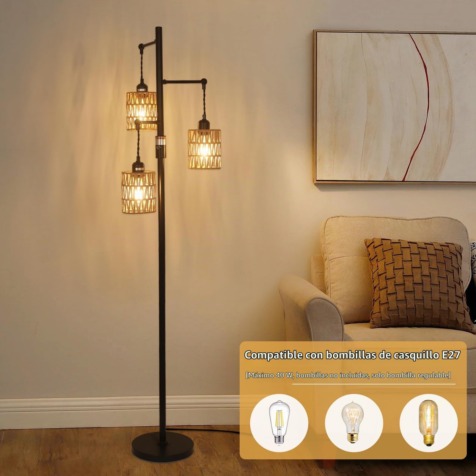 RayoflyLámpara de Pie Regulable con Pantalla de Ratán, 3 Luces con Regulador, Industrial para Salón, Dormitorio, Habitación de Niños, Altura 165cm